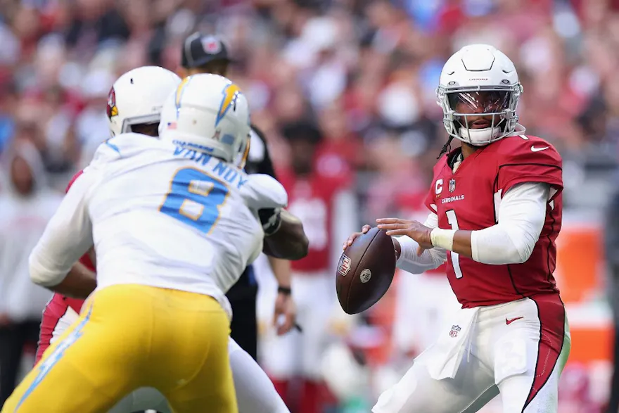 Quarterback Kyler Murray of the Arizona Cardinals looks to pass during the NFL game at State Farm Stadium on November 27, 2022 in Glendale, Arizona. The Chargers defeated the Cardinals 25-24.