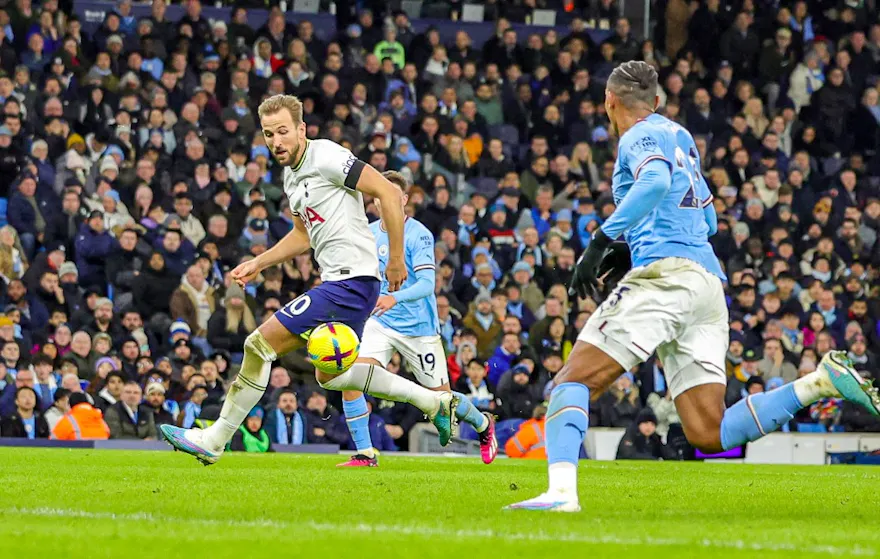 Harry Kane of Tottenham Hotspur runs with the ball during the Premier League match between Manchester City and Tottenham Hotspur on Jan. 19, 2023 at Etihad Stadium in Manchester, UK.