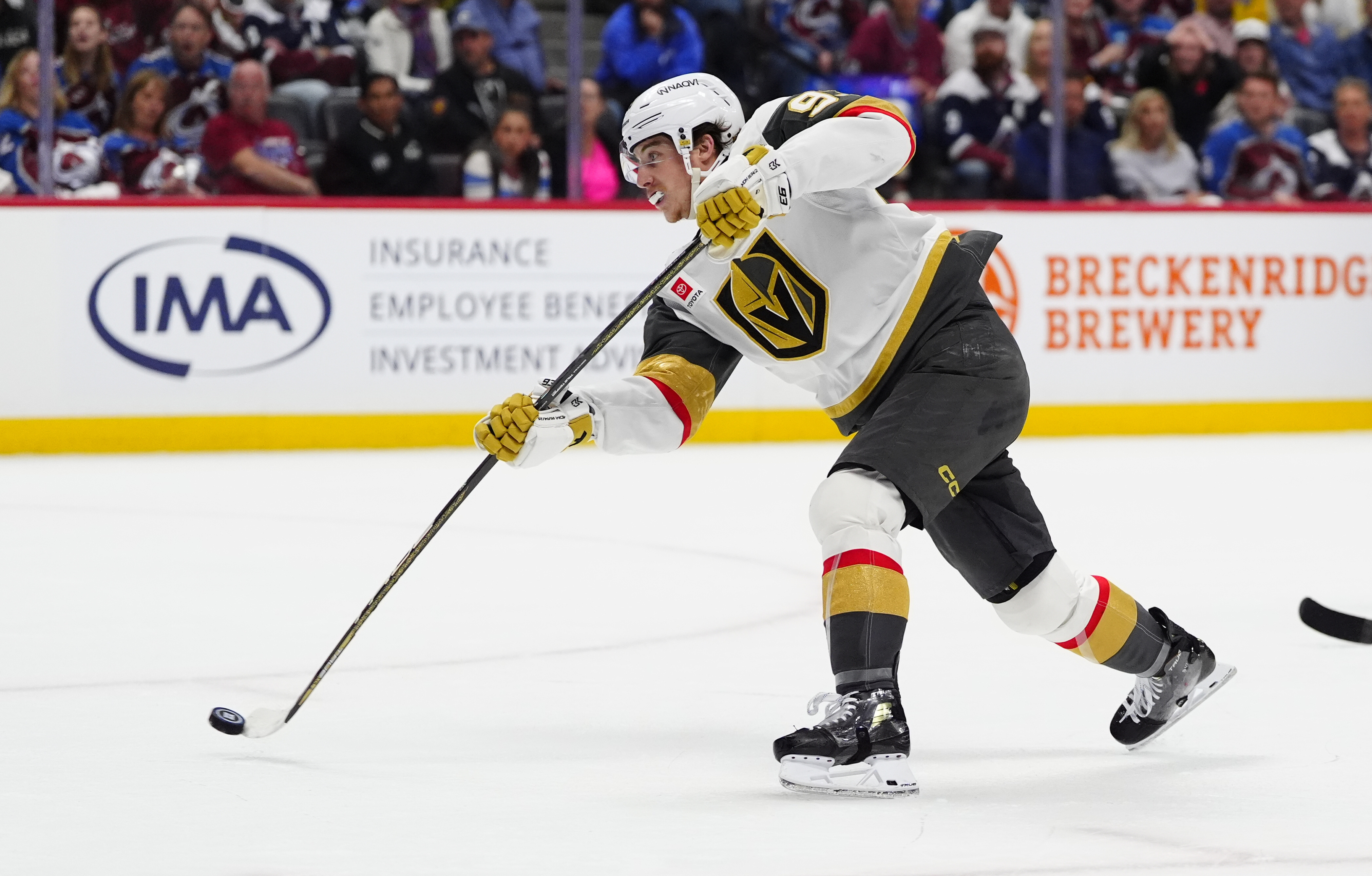  Vegas Golden Knights right wing Mitch Marner (93) takes a shot during the first period against the Colorado Avalanche in game two of the Western Conference Final of the 2026 Stanley Cup Playoffs at Ball Arena. 