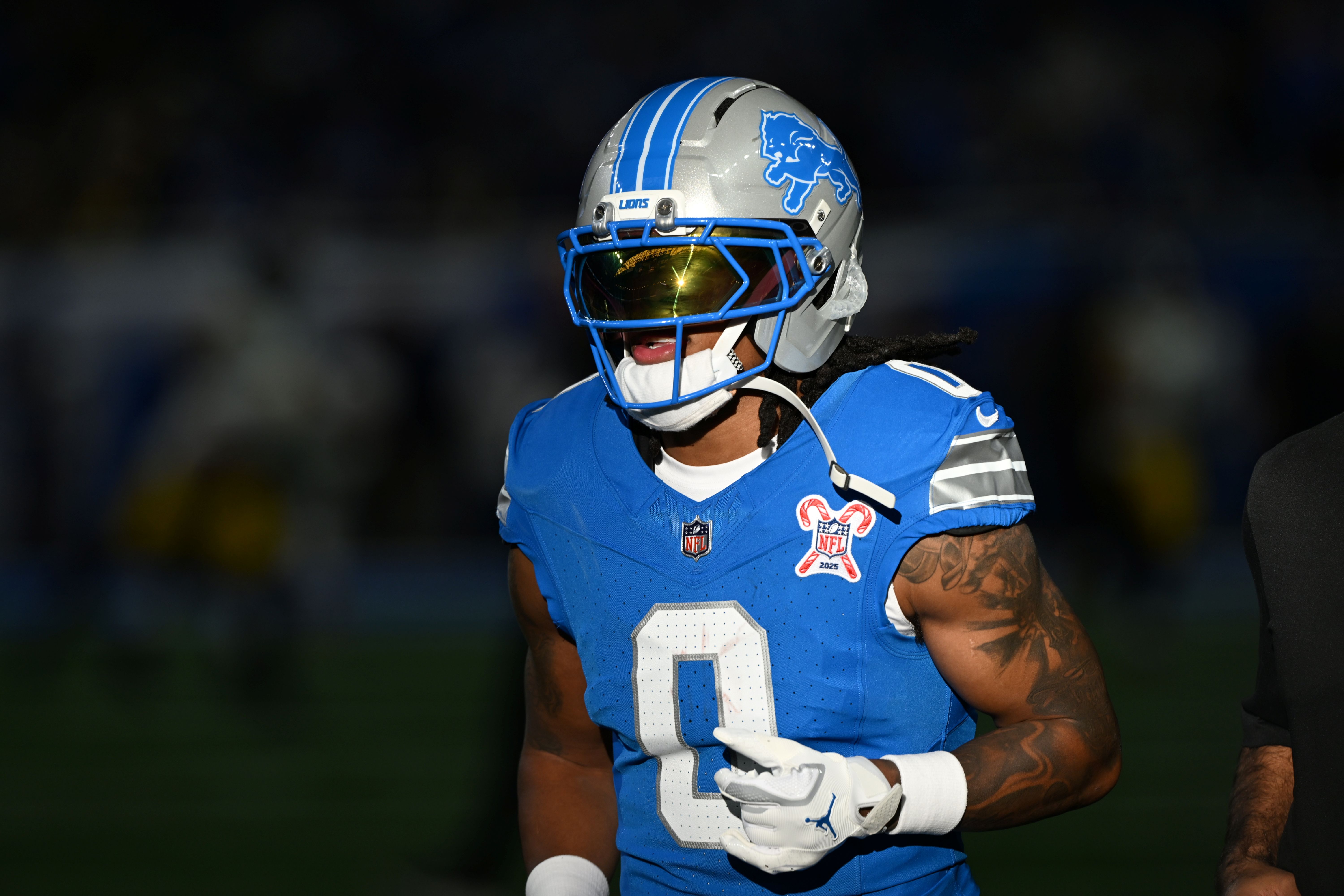 Detroit Lions running back Jahmyr Gibbs runs onto the field, and he's key as we look at the offensive player of the year odds