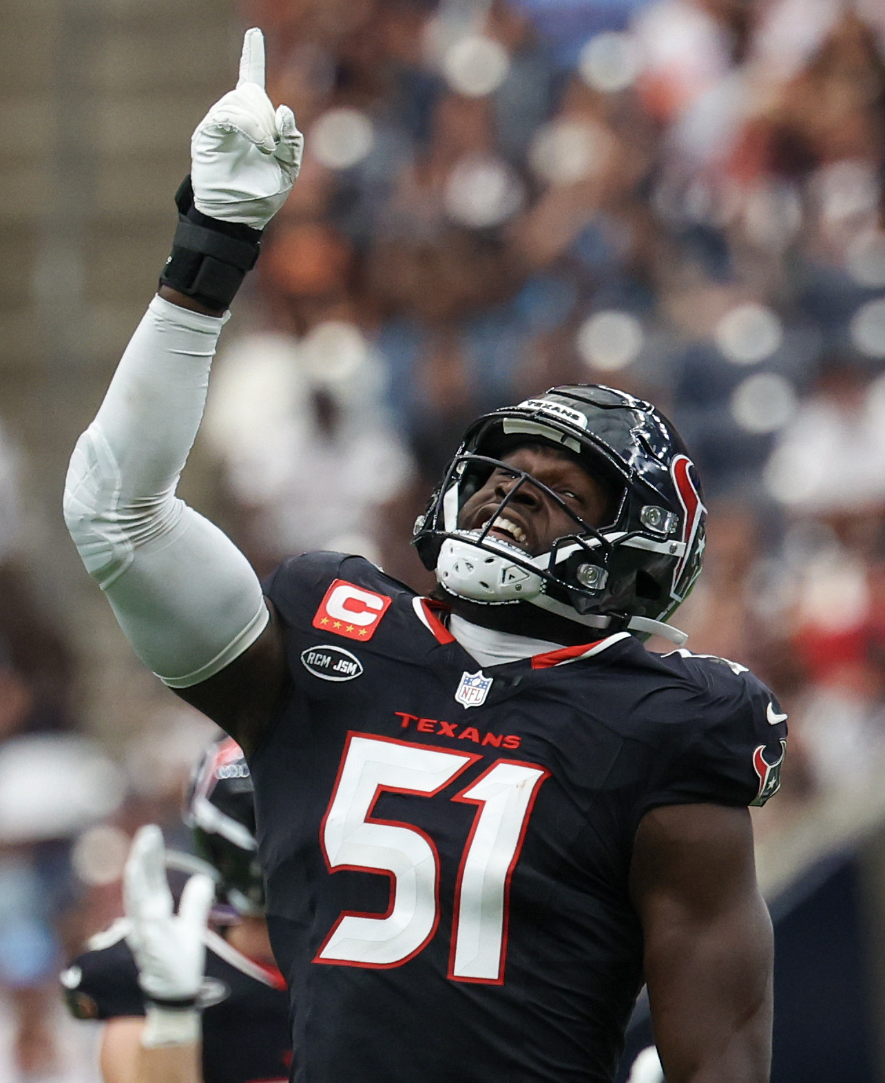 Houston Texans defensive end Will Anderson Jr. (51) reacts to sacking Cincinnati Bengals quarterback Joe Burrow (9) as we look at the NFL Defensive Player of the Year odds. 
