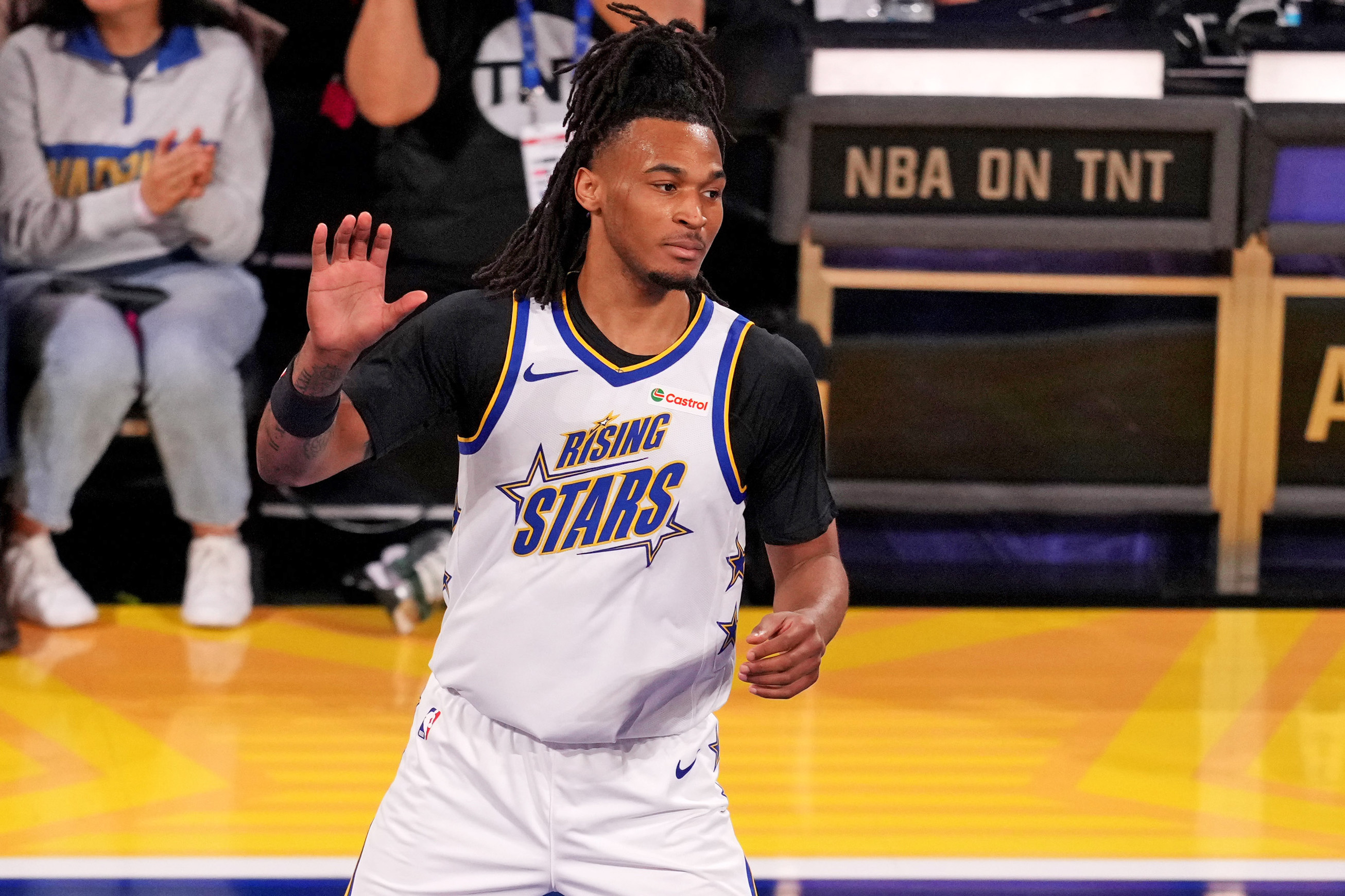 San Antonio Spurs guard Stephon Castle (5) looks on as we dive into our NBA All-Star Weekend Rising Stars predictions.