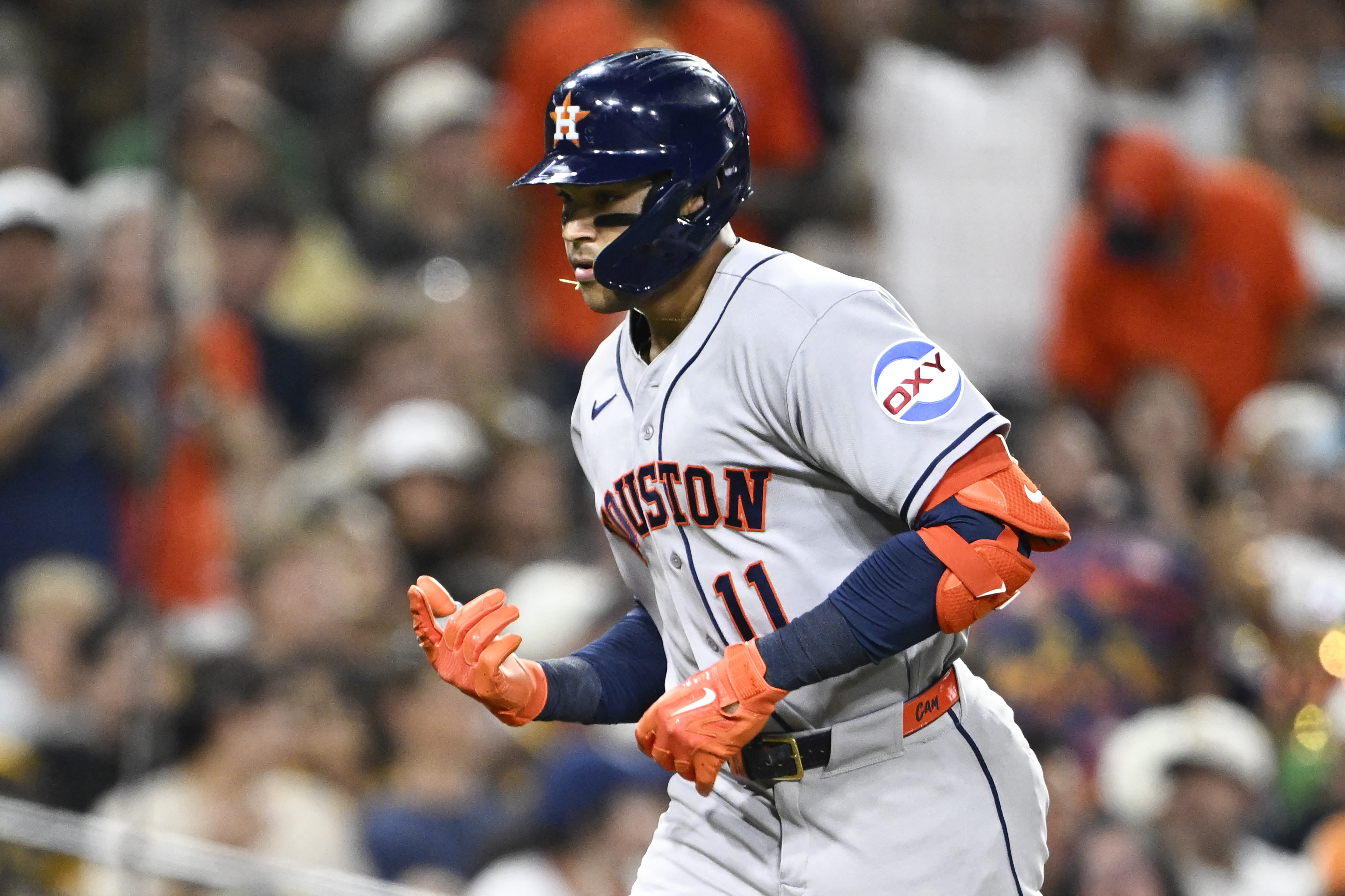 Houston Astros outfielder Cam Smith (11) rounds the bases as we break down our Astros vs. Padres prediction.