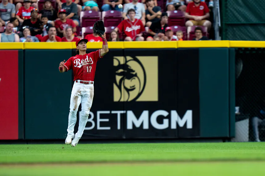 Cincinnati Reds right fielder Stuart Fairchild catches a line drive as we look at BetMGM's bullpen sponsorship deal with MLB.