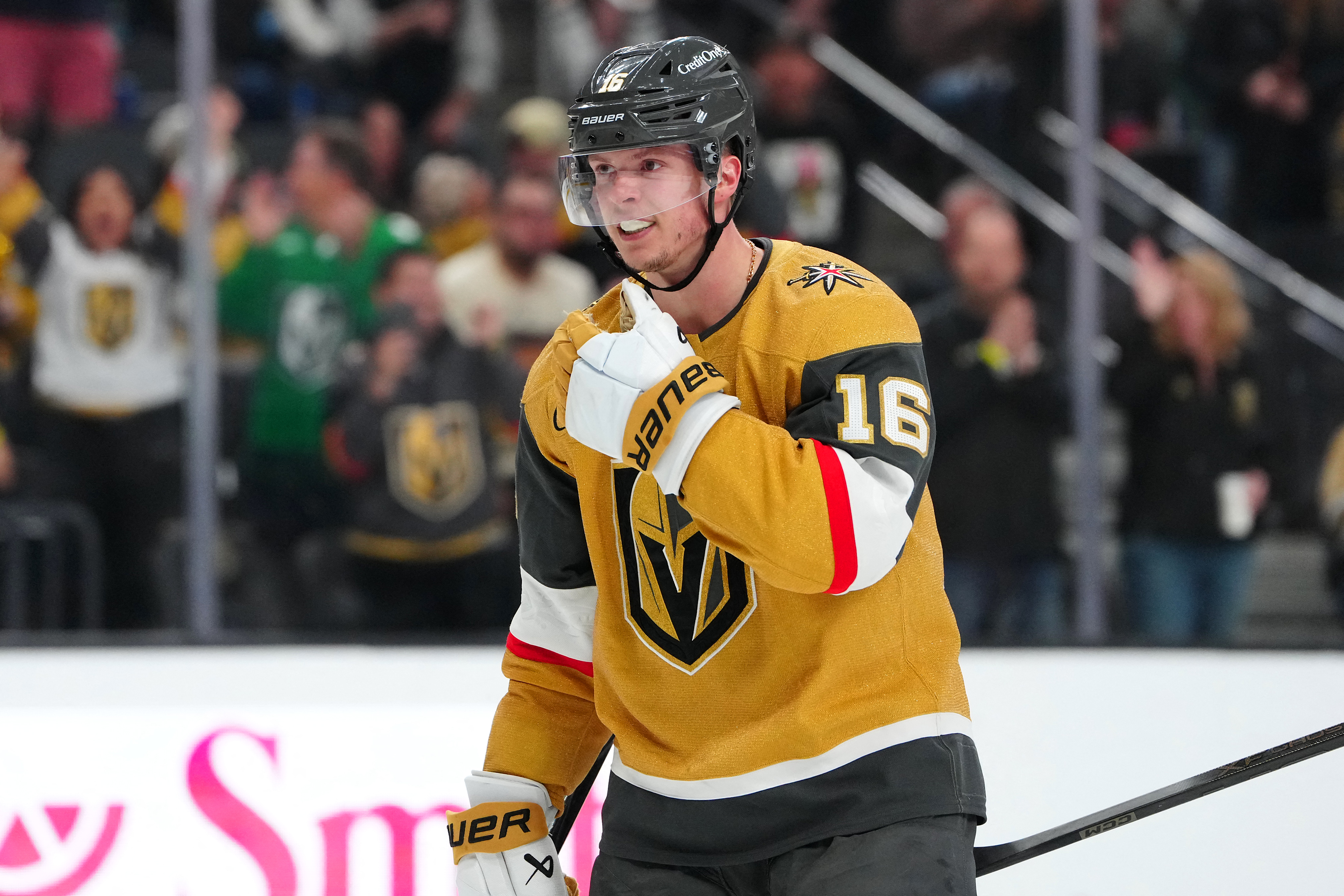 Vegas Golden Knights forward Pavel Dorofeyev (16) celebrates after scoring a goal as we provide our NHL anytime goal scorer predictions today.