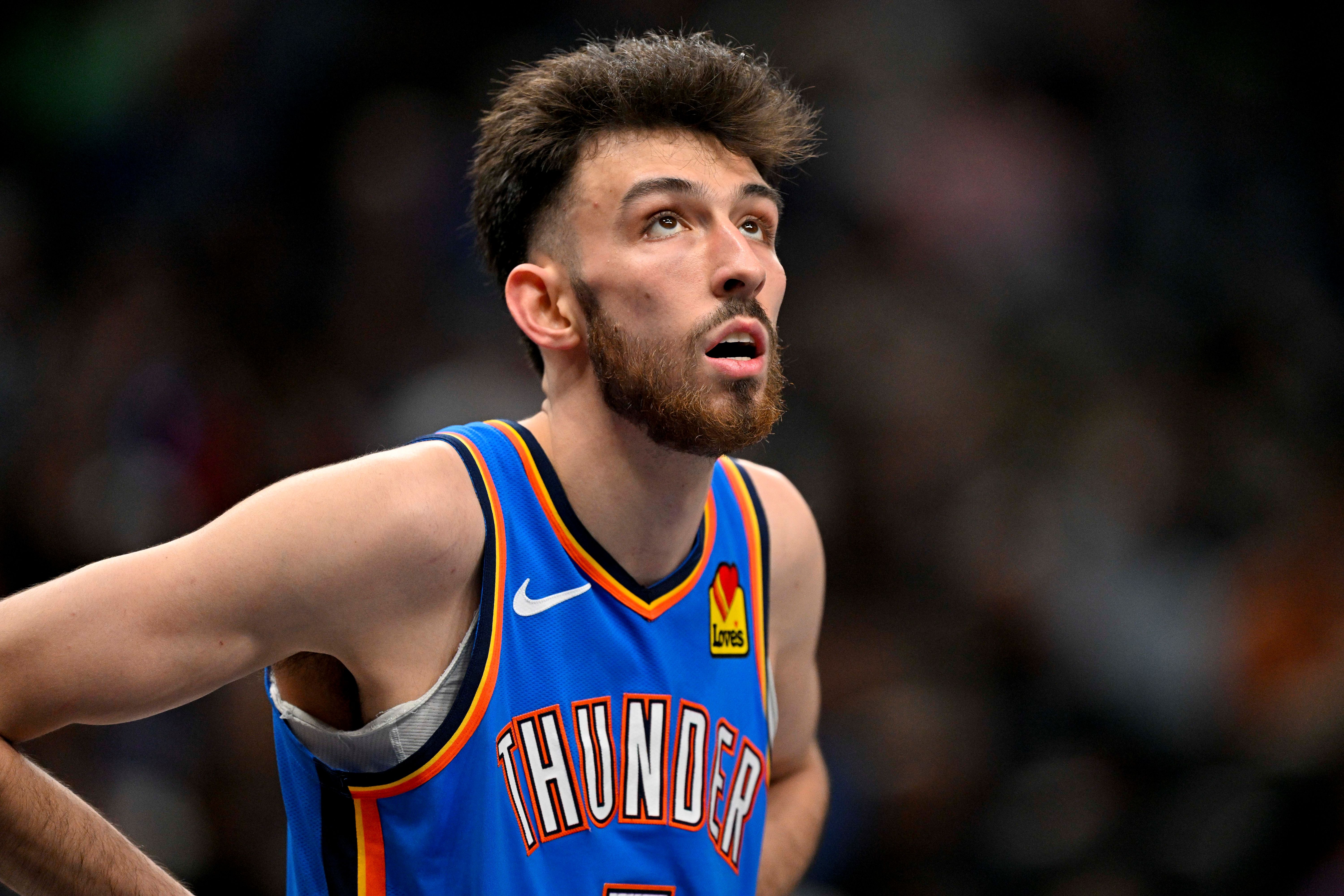 Oklahoma City Thunder center Chet Holmgren (7) looks on as we break down our Spurs vs. Thunder player props for Game 2 tonight.