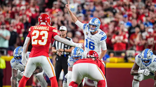 Detroit Lions quarterback Jared Goff (16) signals teammates against the Kansas City Chiefs as we break down our NFL power rankings based on the latest Super Bowl odds.