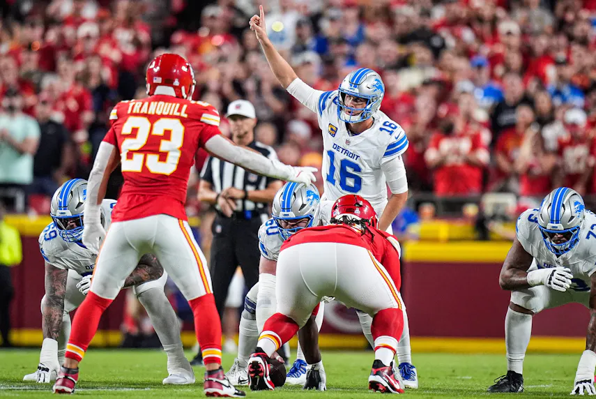Detroit Lions quarterback Jared Goff (16) signals teammates against the Kansas City Chiefs as we break down our NFL power rankings based on the latest Super Bowl odds.