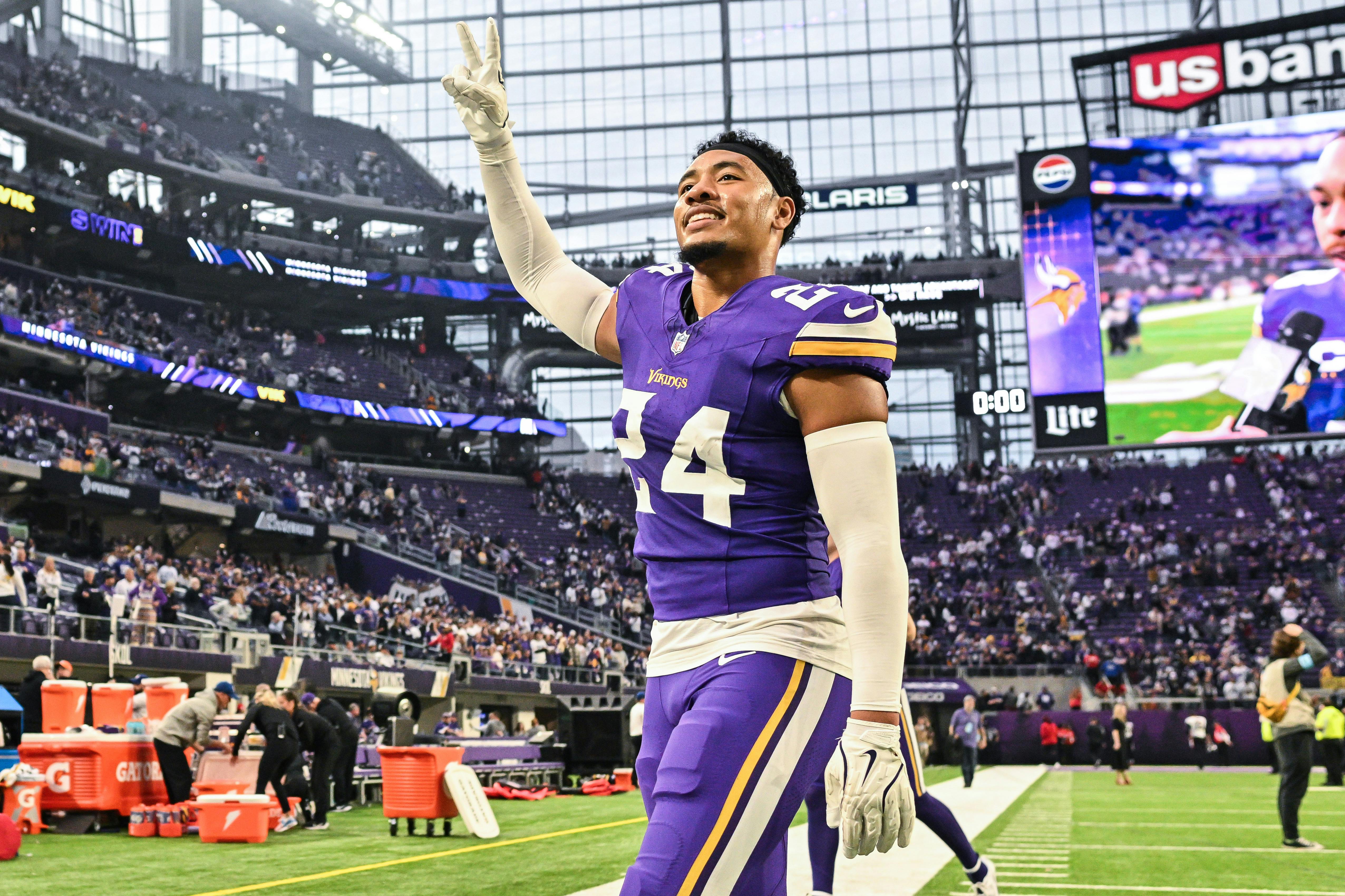 Minnesota Vikings safety Camryn Bynum walks off the field after the game against the Atlanta Falcons as we analyze the 2025 Super Bowl odds. 