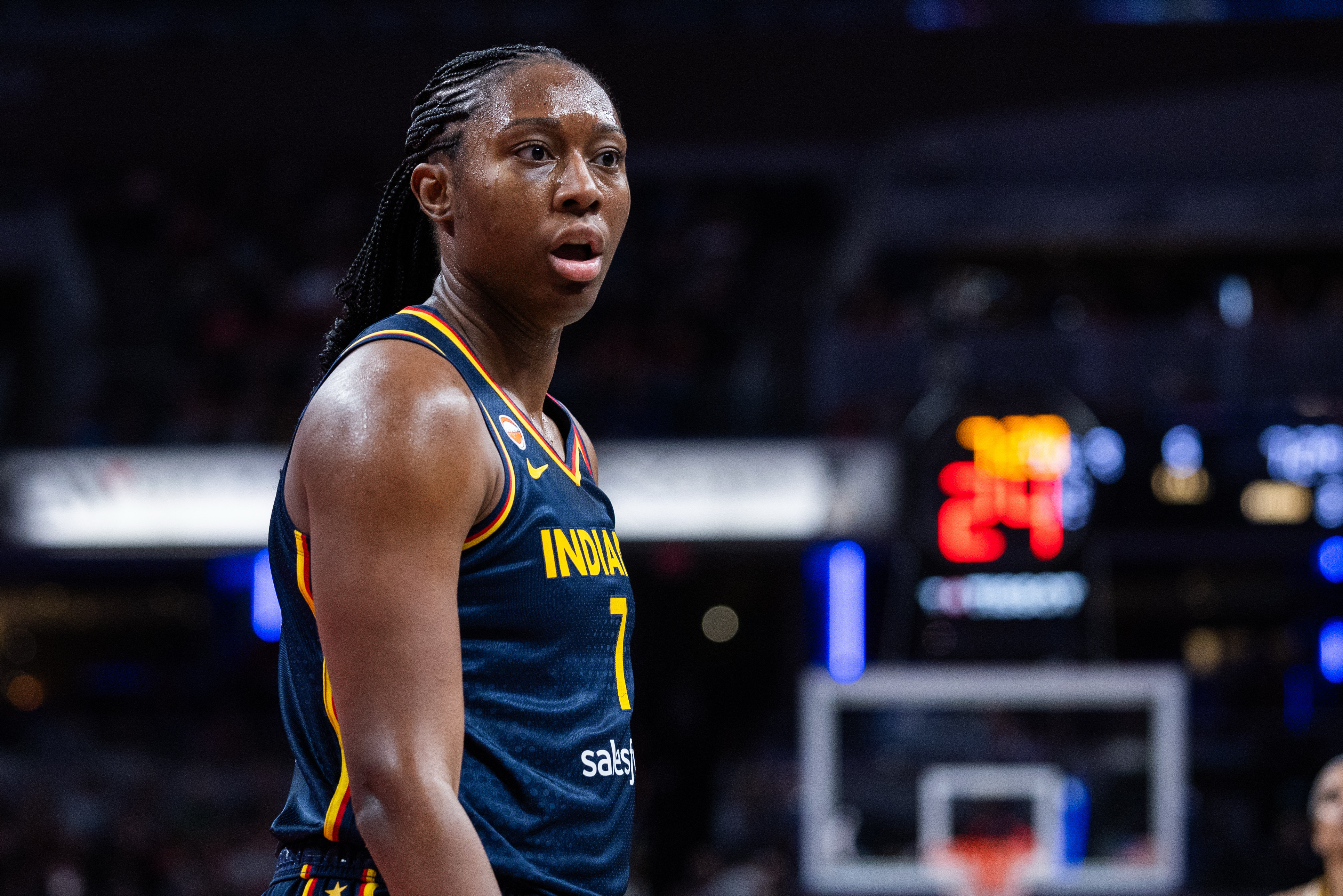 Indiana Fever center Aliyah Boston (7) looks on as we break down our Fever vs. Aces prediction.