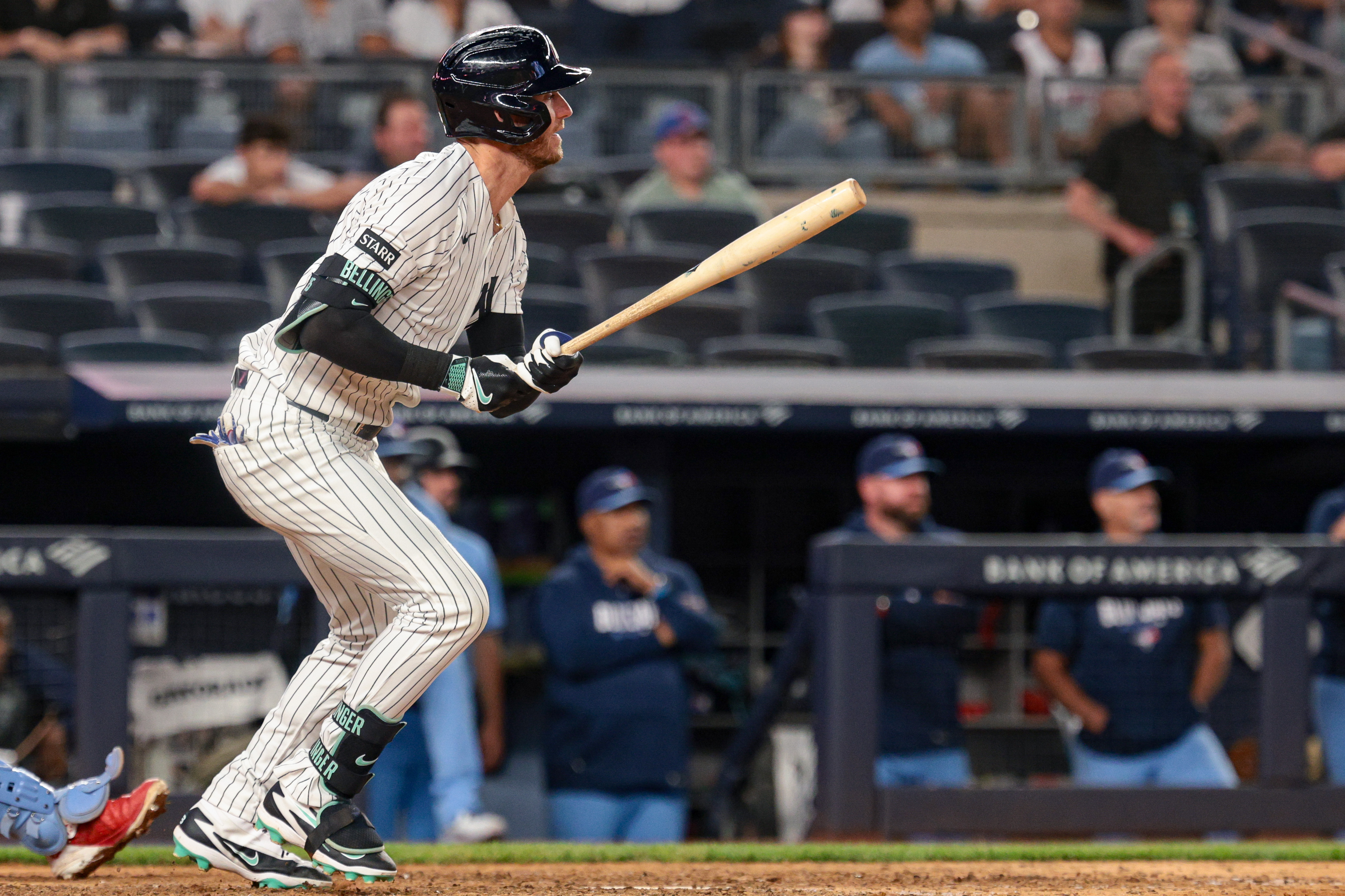 New York Yankees left fielder Cody Bellinger (35) doubles as we break down our Blue Jays Vs Yankees win probability.