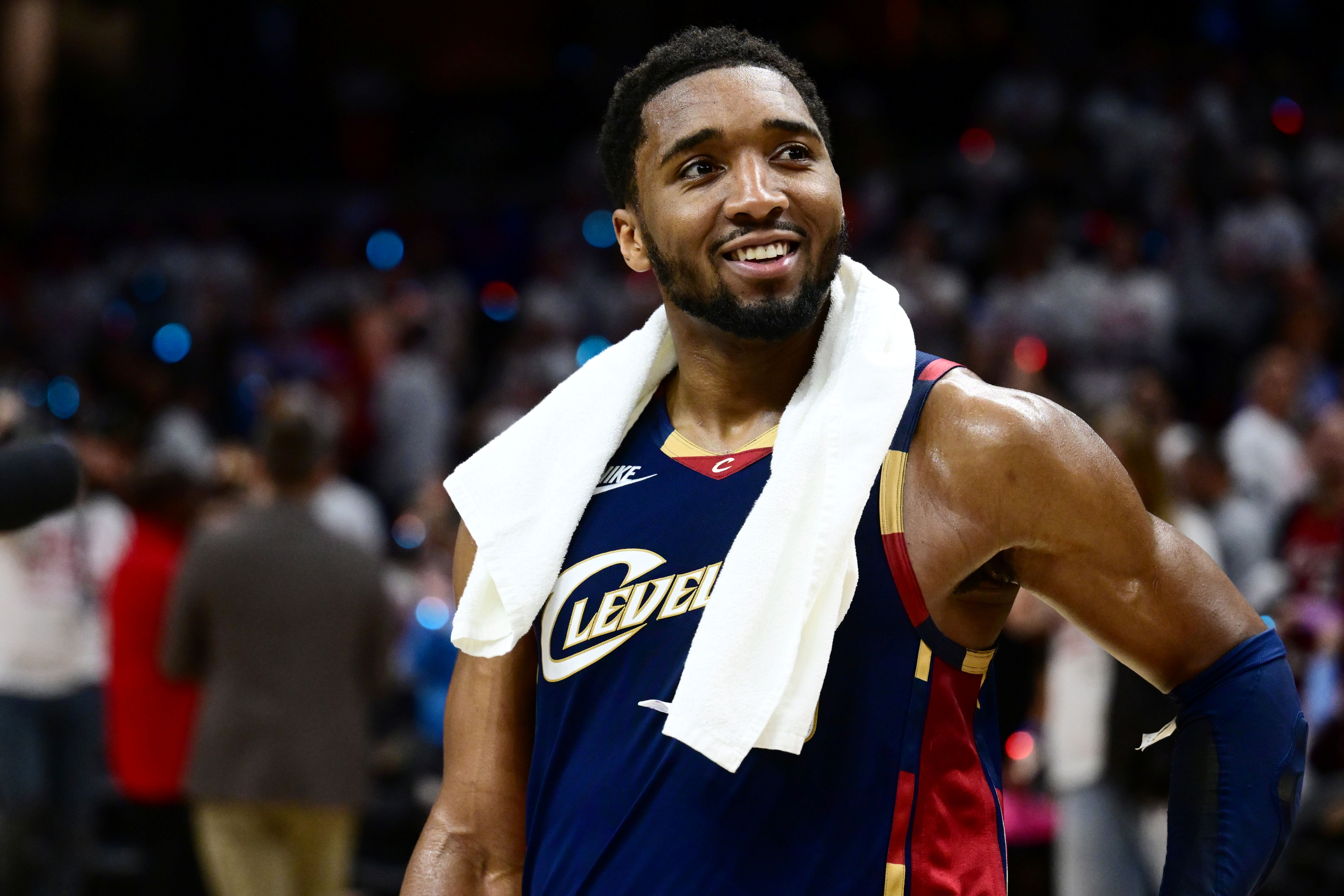 Cleveland Cavaliers guard Donovan Mitchell after a game, and he's featured in my Cavaliers vs. Pistons player props.