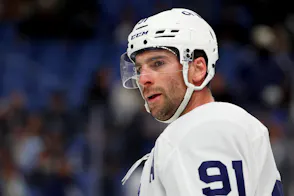 Pictured: Toronto Maple Leafs center John Tavares (91) during a stoppage in play as we offer our Maple Leafs vs. Blue Jackets player props.