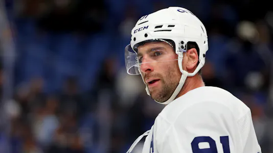 Pictured: Toronto Maple Leafs center John Tavares (91) during a stoppage in play as we offer our Maple Leafs vs. Blue Jackets player props.