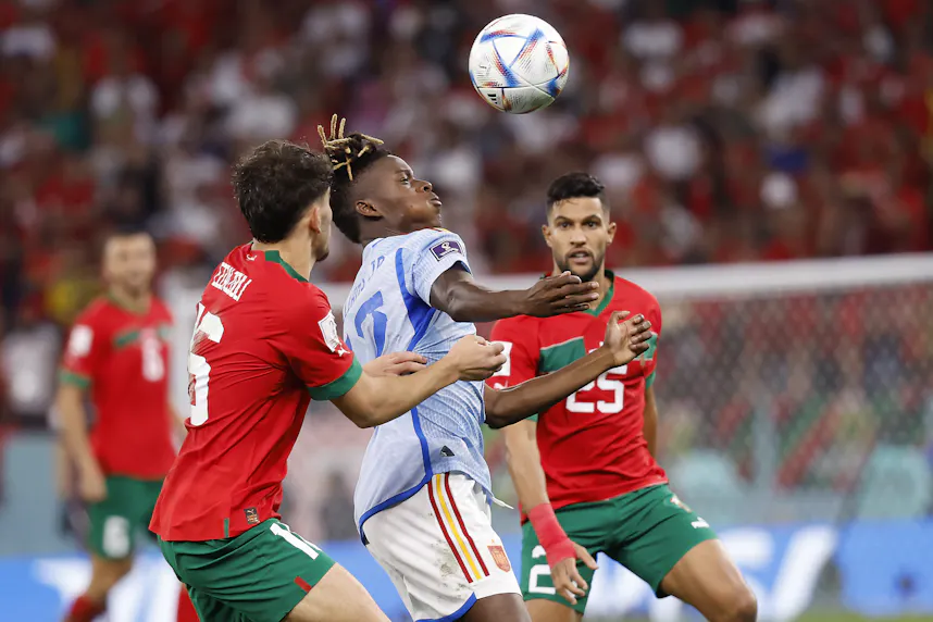 Spain forward Nico Williams controls the ball against Morocco forward Abde Ezzalzouli as we take a look at some appealing bets and predict the outcome of the Spain vs. Germany Euro 2024 quarterfinal.