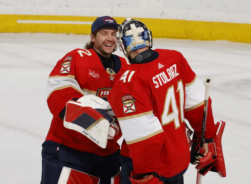 Goaltender Sergei Bobrovsky #72 congratulates goaltender Anthony Stolarz #41 of the Florida Panthers as we look at the details of the deal between Hard Rock Bet and the Florida Panthers