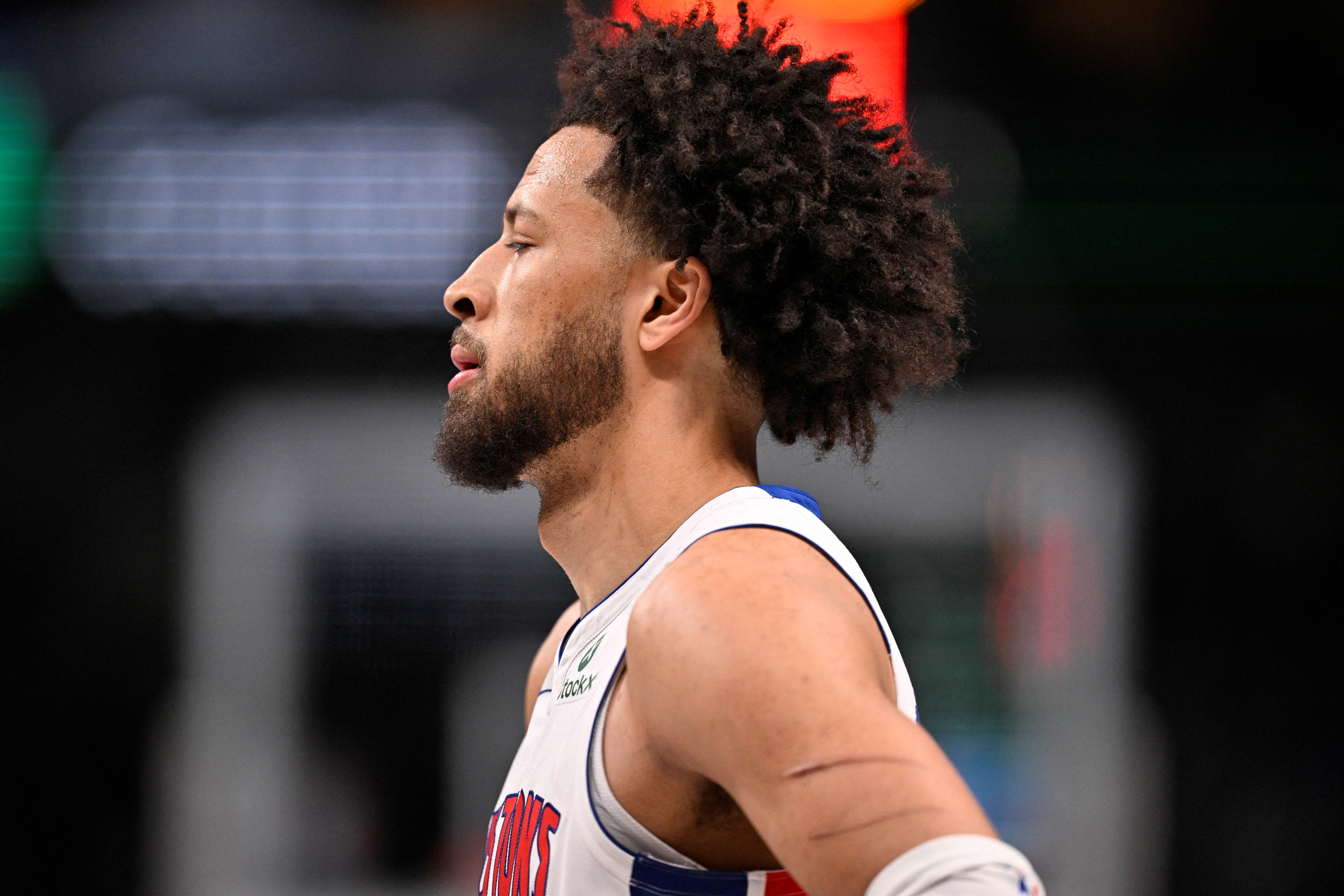 Detroit Pistons guard Cade Cunningham (2), seen here looking on during a game, is featured in our Spurs vs. Pistons player props today.