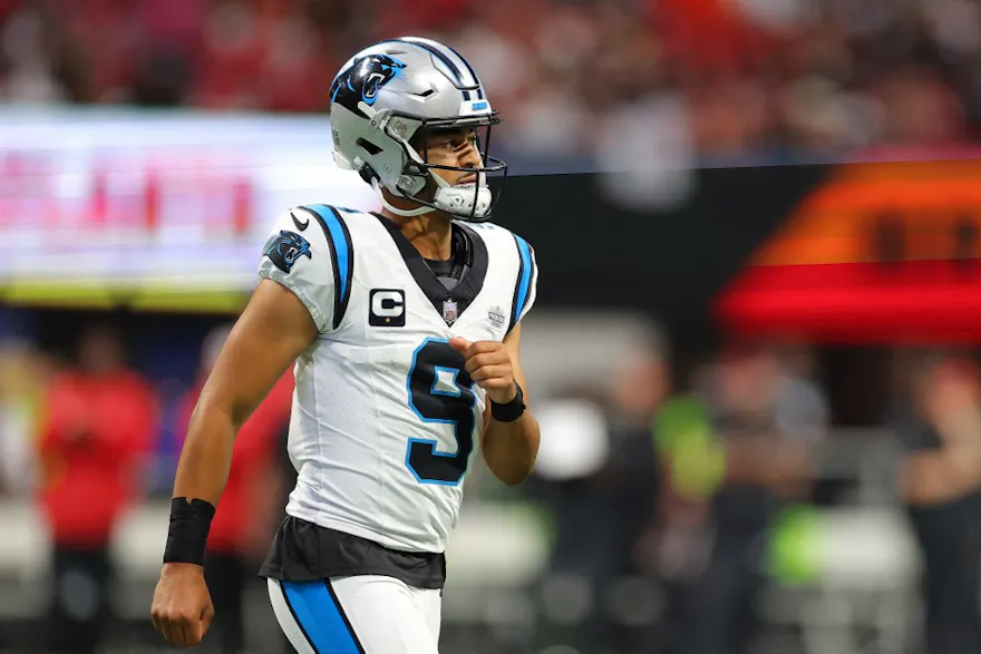 Bryce Young of the Carolina Panthers celebrates after throwing a touchdown pass during the second quarter against the Atlanta Falcons, and we offer our top player props for Monday Night Football based on the best NFL odds.