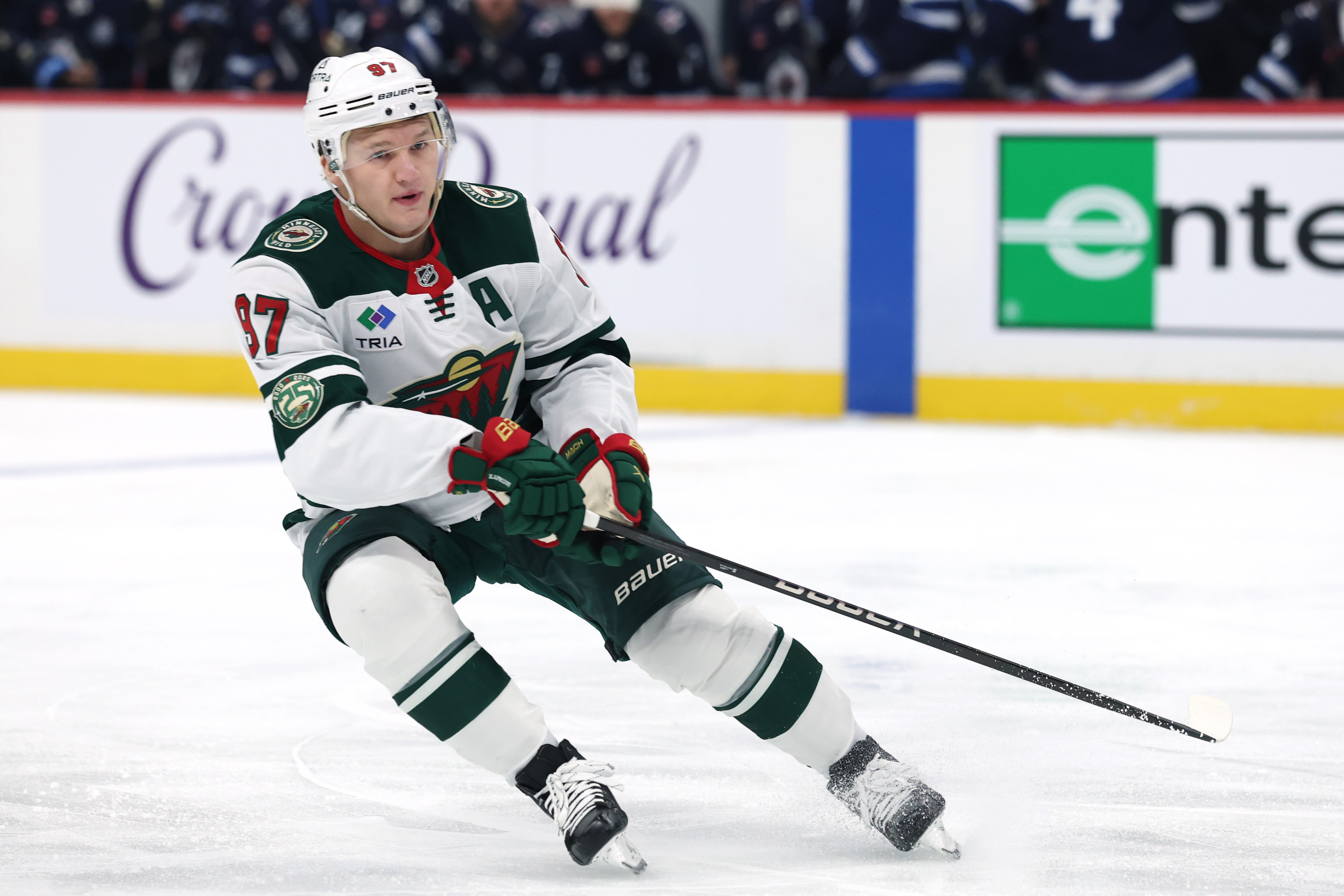 Minnesota Wild forward Kirill Kaprizov (97) skates through the offensive zone as we offer our NHL anytime goal scorer predictions today.
