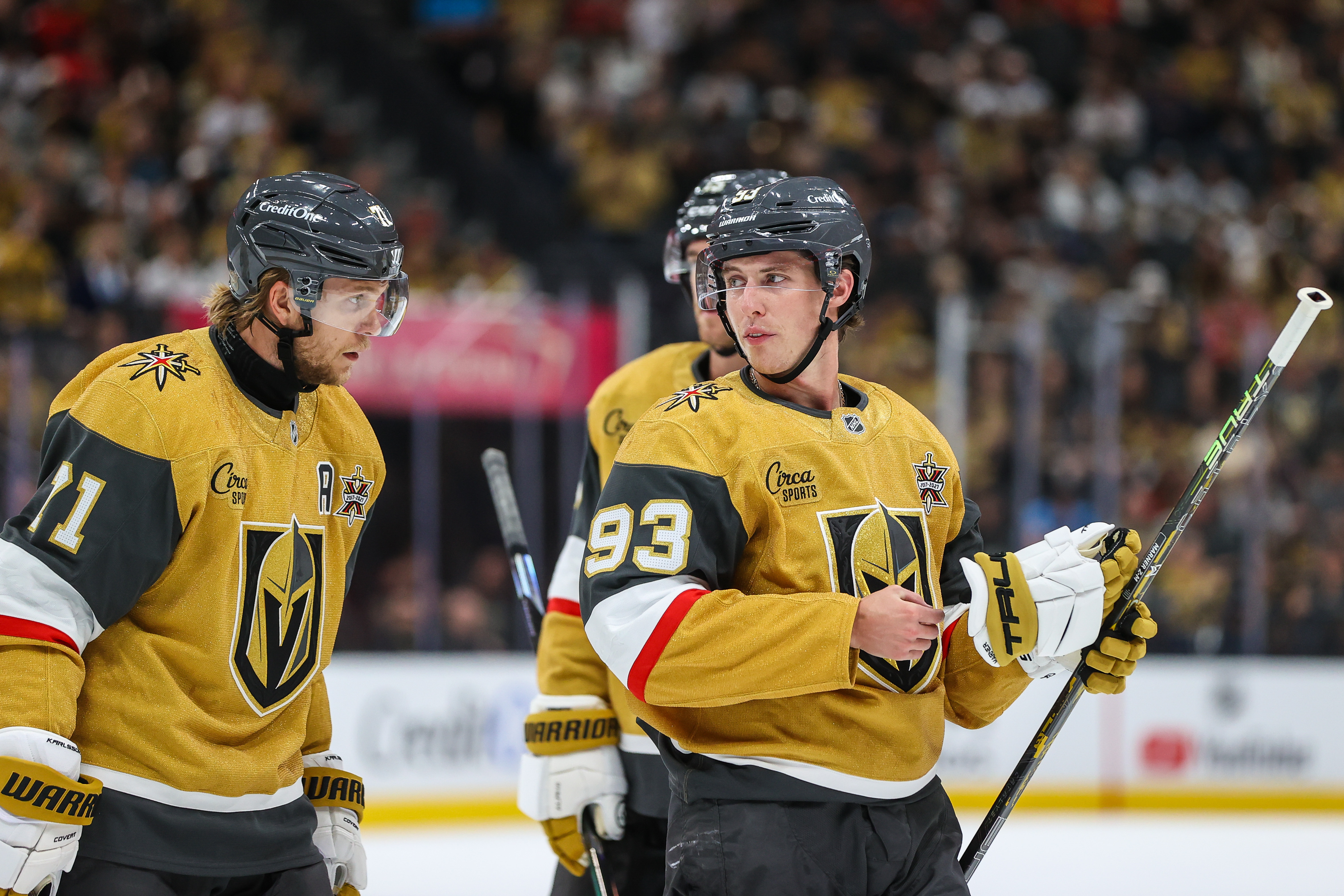Golden Knights right wing Mitch Marner (93) looks on as we break down our NHL predictions today.