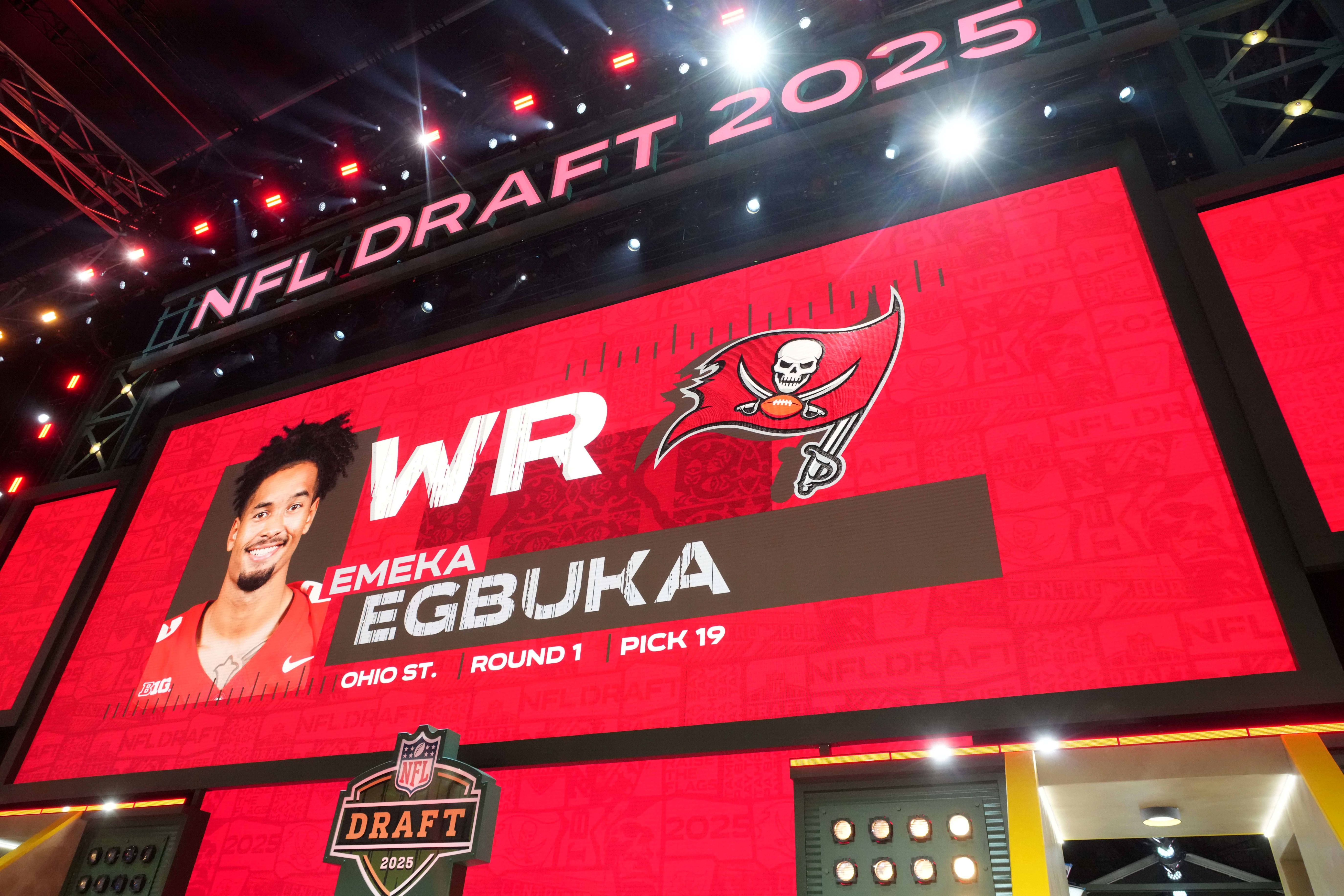 Ohio State Buckeyes receiver Emeka Egbuka is selected as the No. 19 pick by the Tampa Bay Buccaneers during the NFL Draft at Lambeau Field.