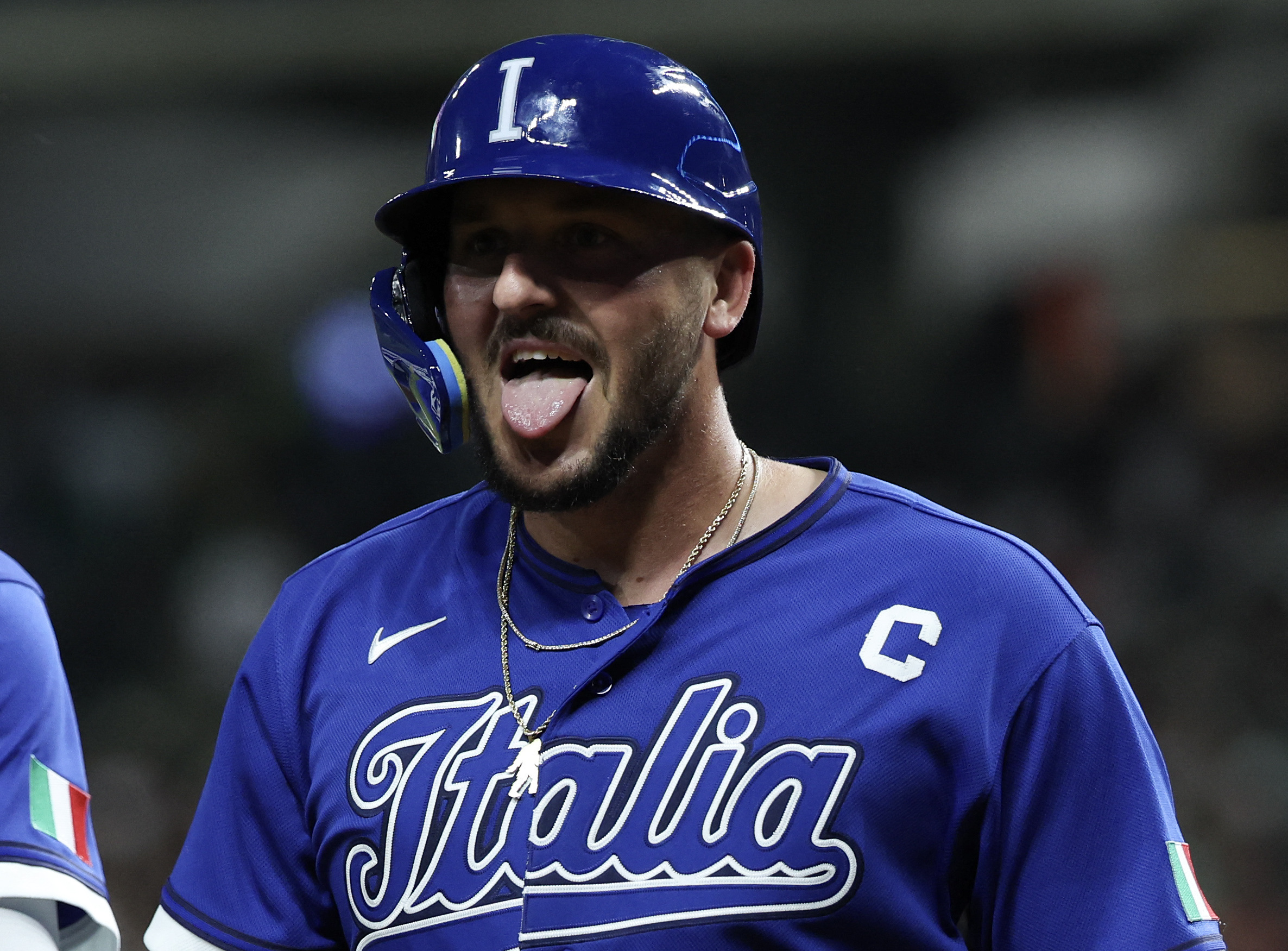  Italy first baseman Vinnie Pasquantino - who's featured in my Italy vs. Venezuela player props - reacts after hitting a home run. 