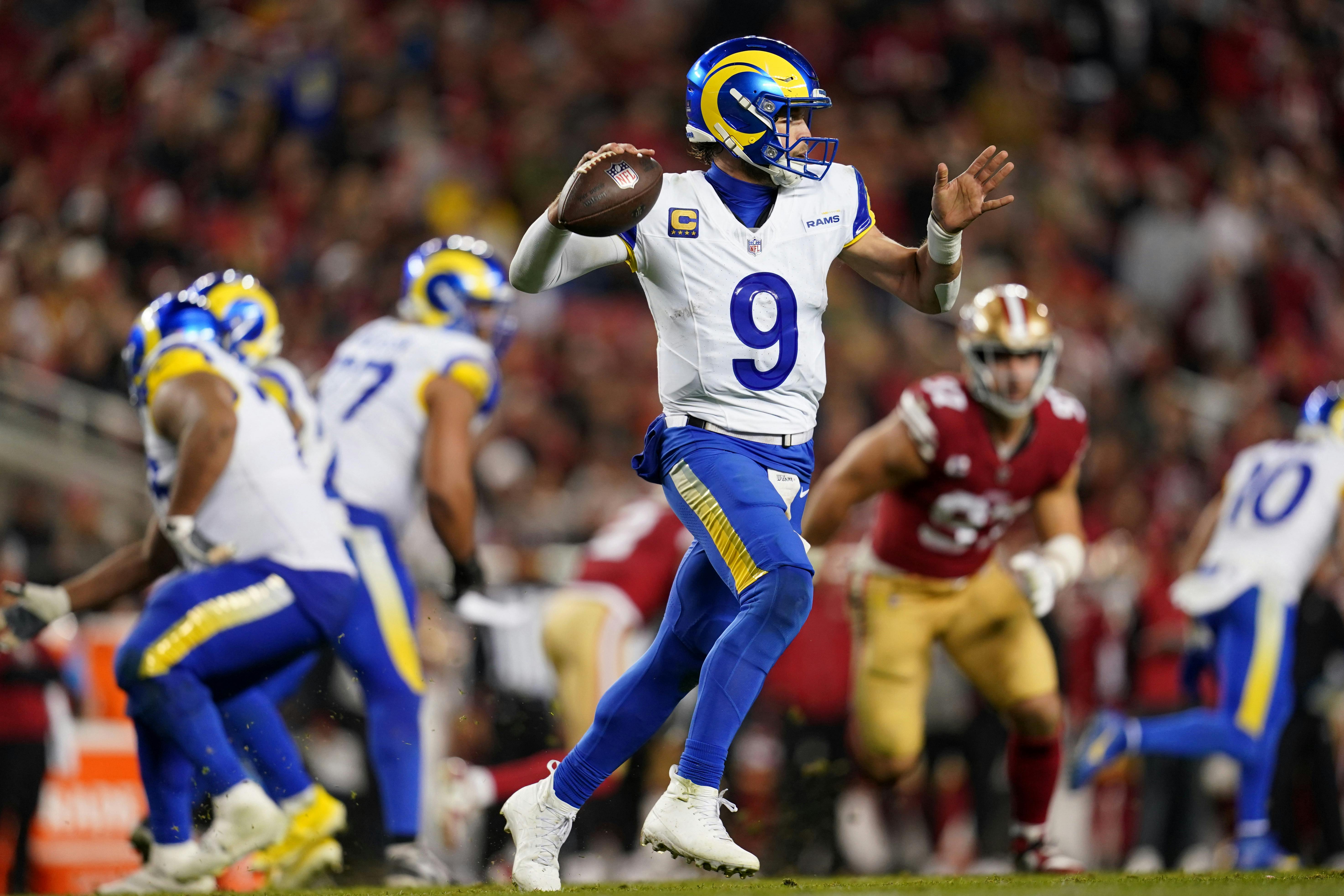 Los Angeles Rams quarterback Matthew Stafford throws a pass against the San Francisco 49ers as we analyze the 2025 Super Bowl odds. 