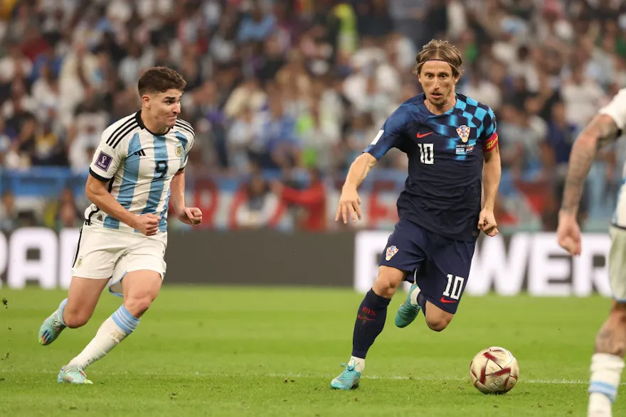 Luka Modric of Croatia plays against Julian Álvarez of Argentina during the FIFA World Cup 2022, Semi-final match between Argentina and Croatia on Dec. 13, 2022 at Lusail Stadium in Al Daayen, Qatar. 