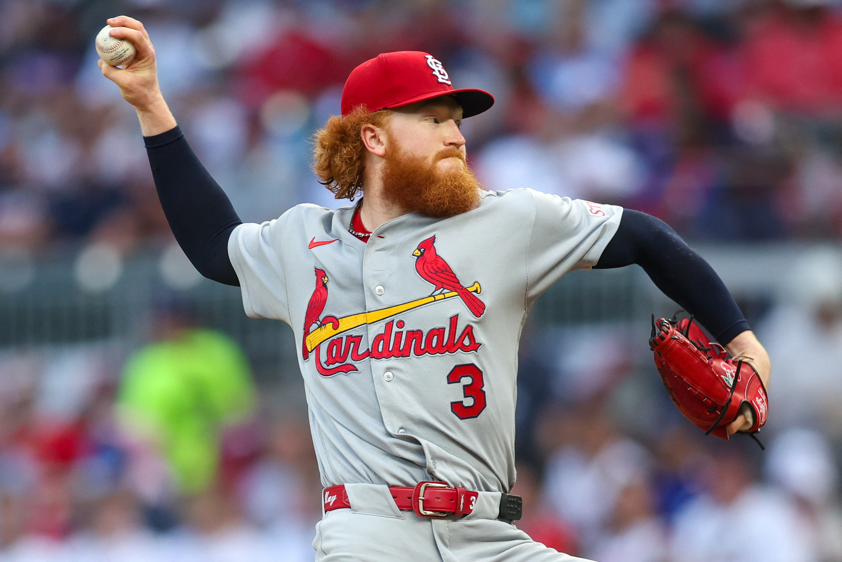 St. Louis Cardinals pitcher Dustin May - who's featured in my best NRFI bets today - throws in the first inning. 