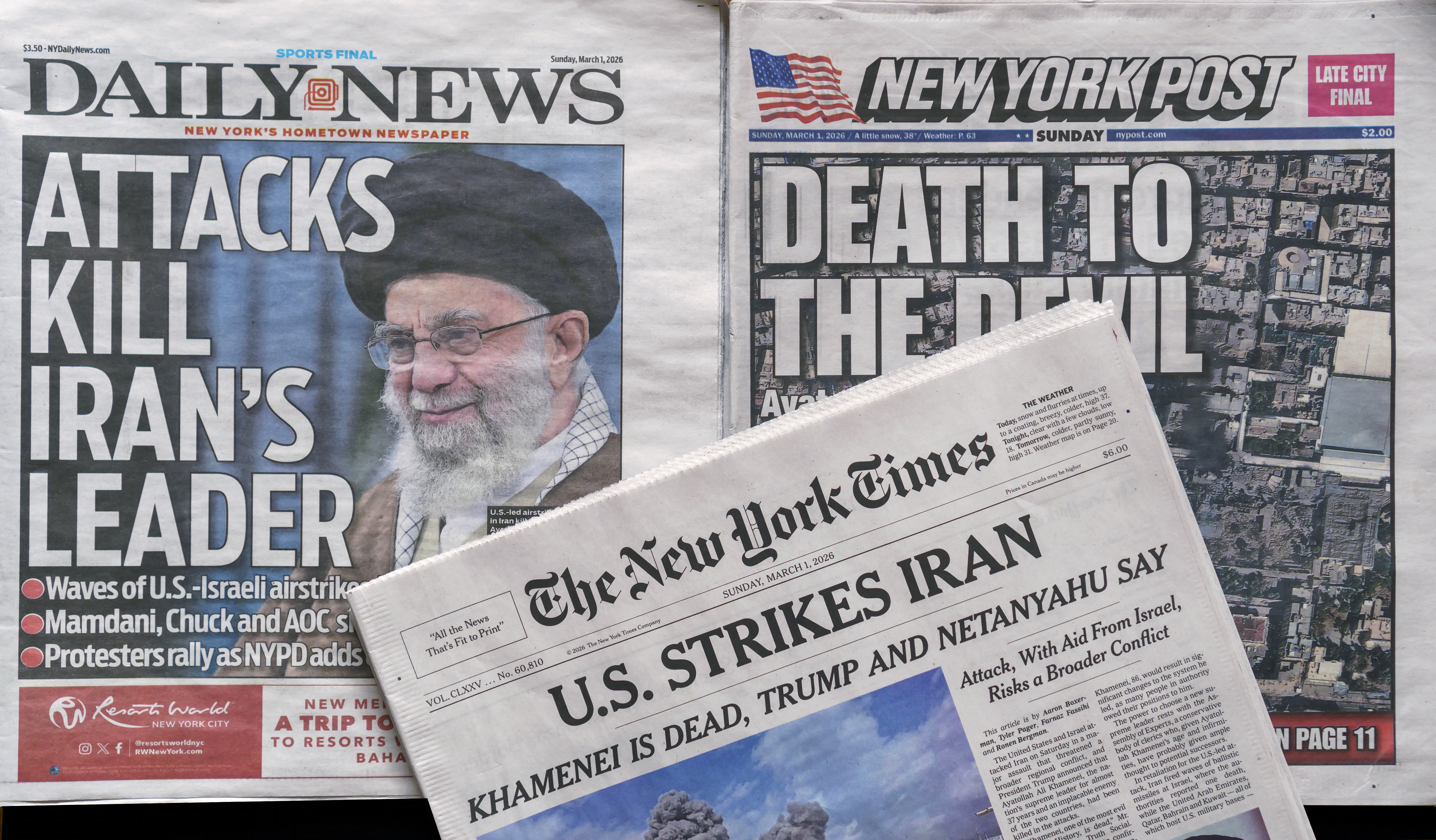 New York newspapers report on the US-Israel airstrikes killing the Iranian Supreme Leader Ayatollah Ali Khamenei, as we look at how Kalshi handled the contract about his being removed from power