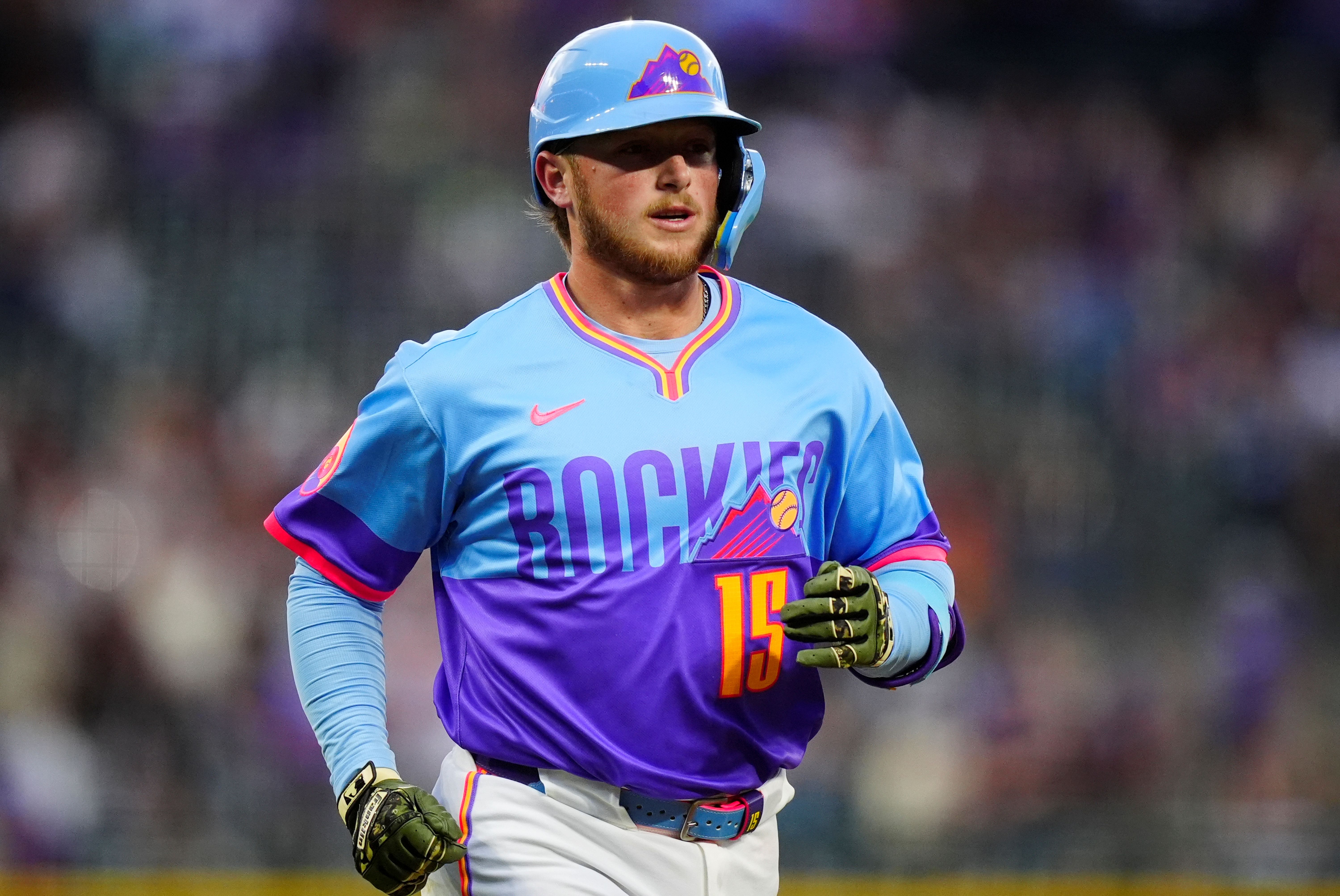 Colorado Rockies catcher Hunter Goodman heads home to score a run, and he's featured as we look at our home run predictions today.