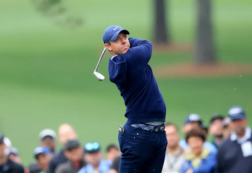 Rory McIlroy plays a shot and ranks No. 1 on our Masters Power Rankings.