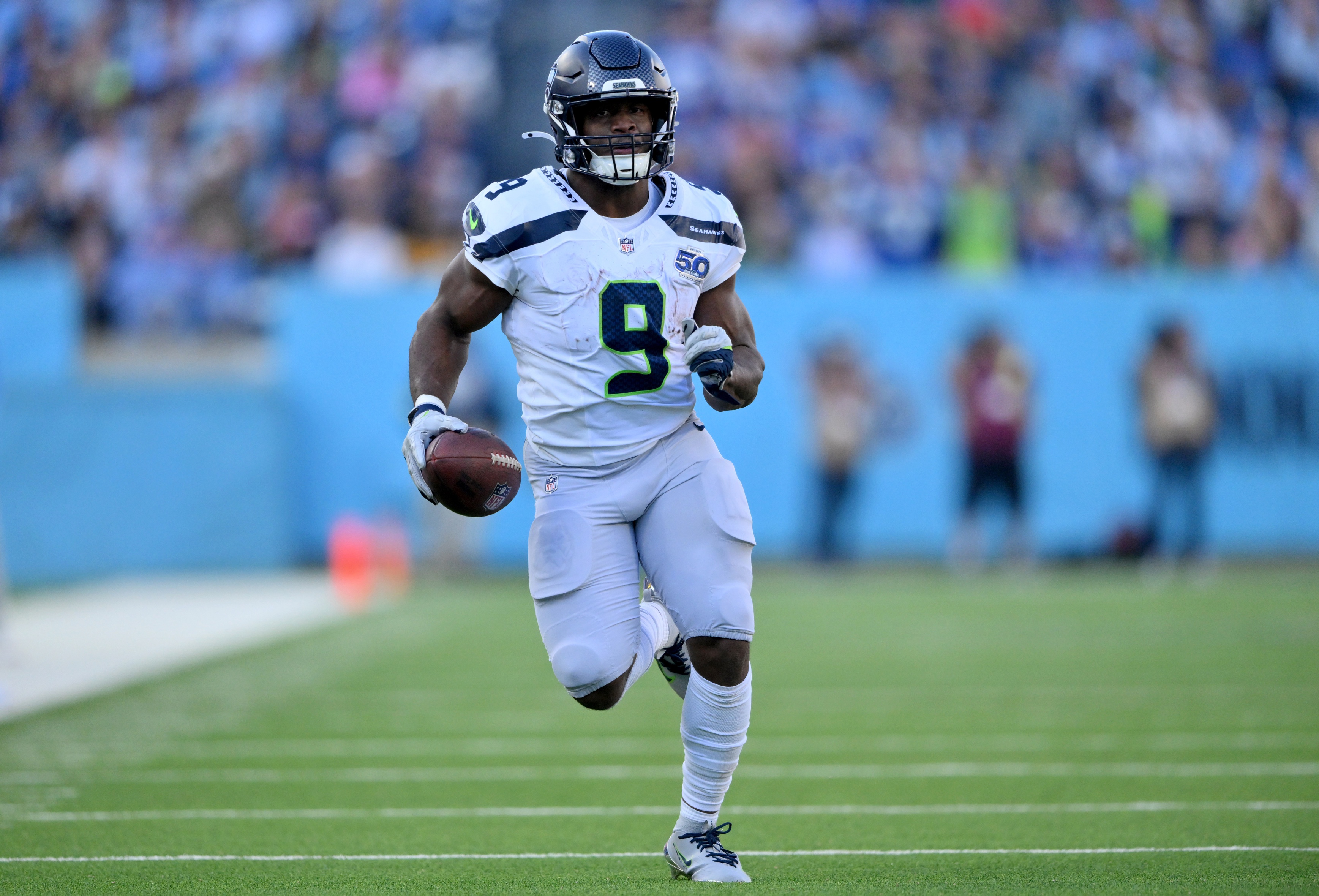 Seattle Seahawks running back Kenneth Walker III - who's featured in my Rams vs. Seahawks player props - runs.