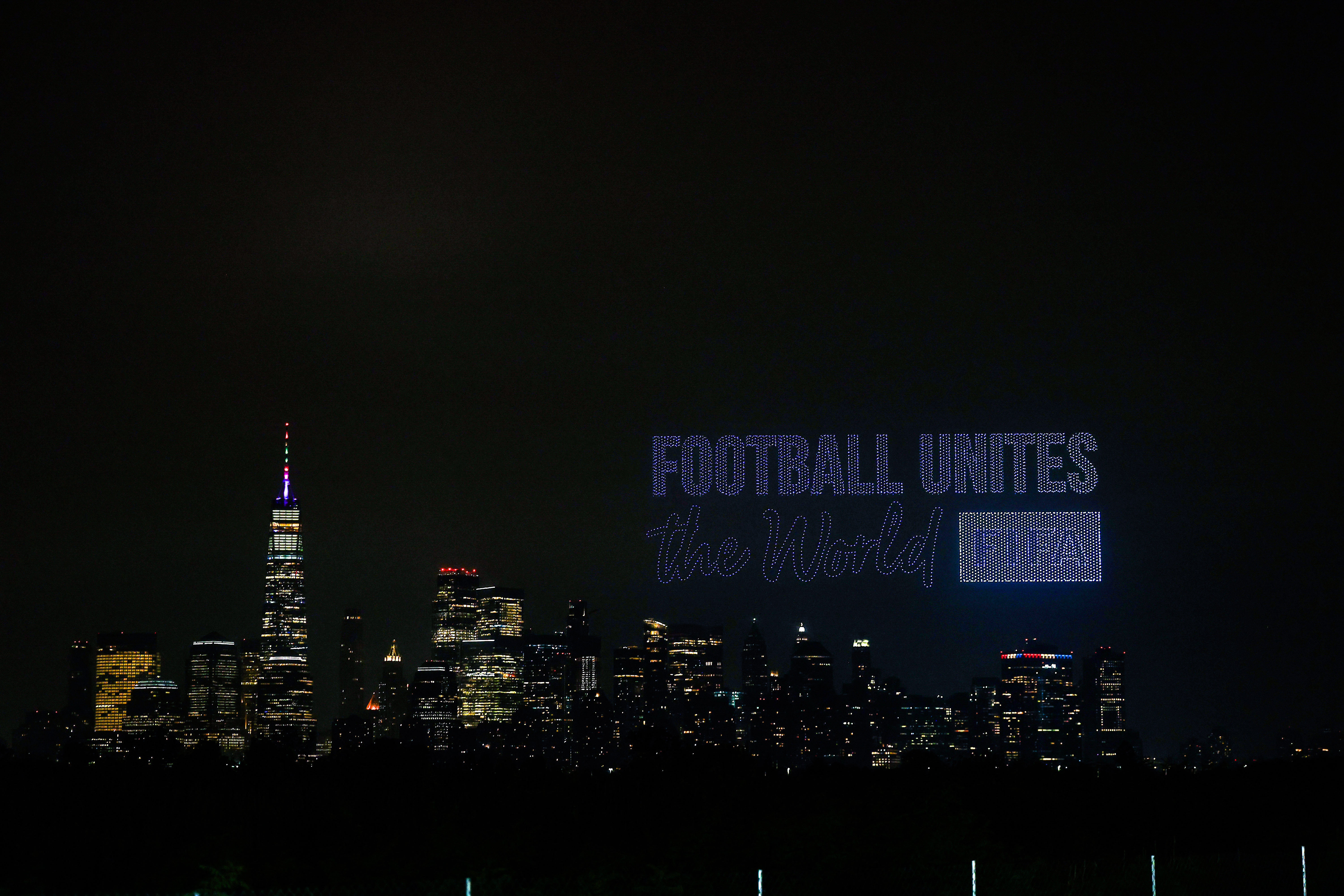 A general view of a drone show above Liberty State Park as we look at prediction market handle from the World Cup.