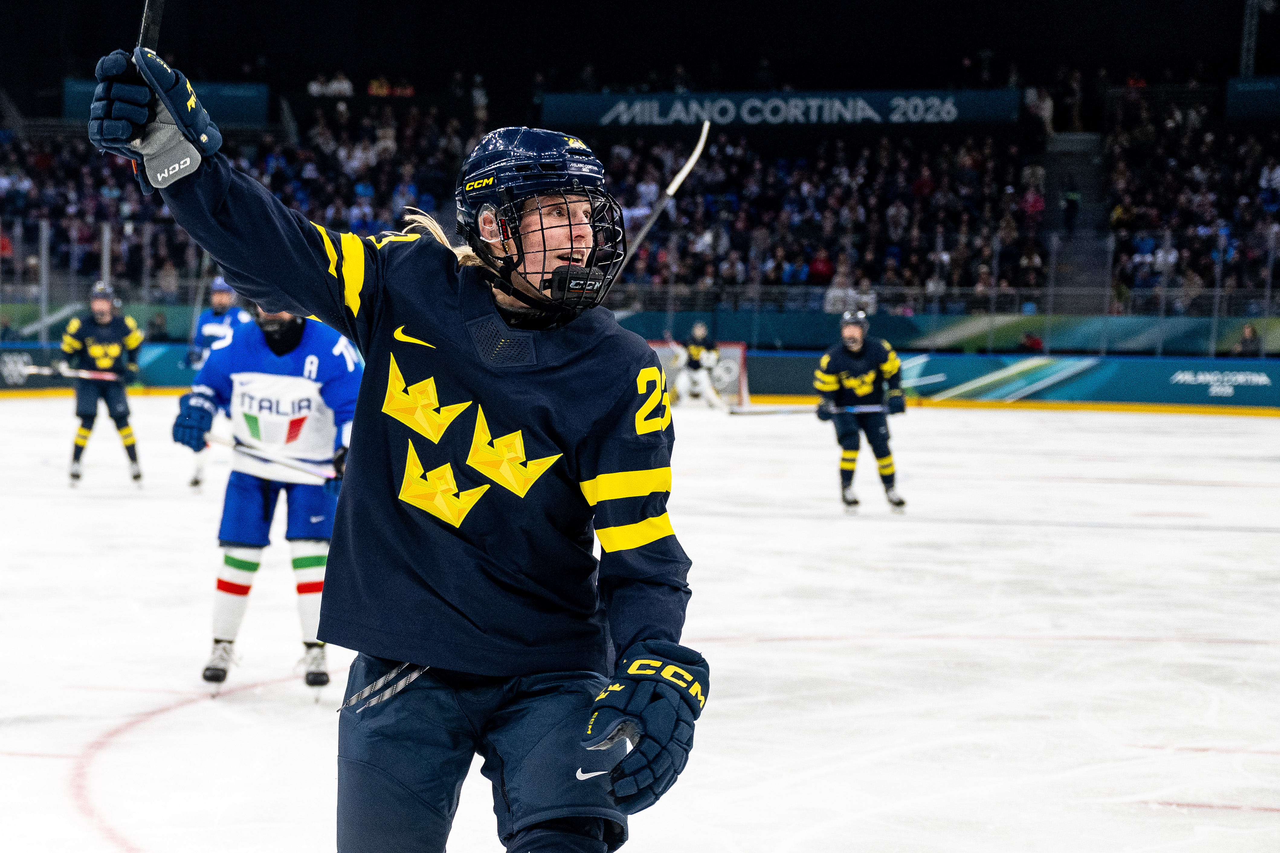 Sweden's Thea Johansson celebrates a goal as we provide our Sweden vs. Switzerland prediction.