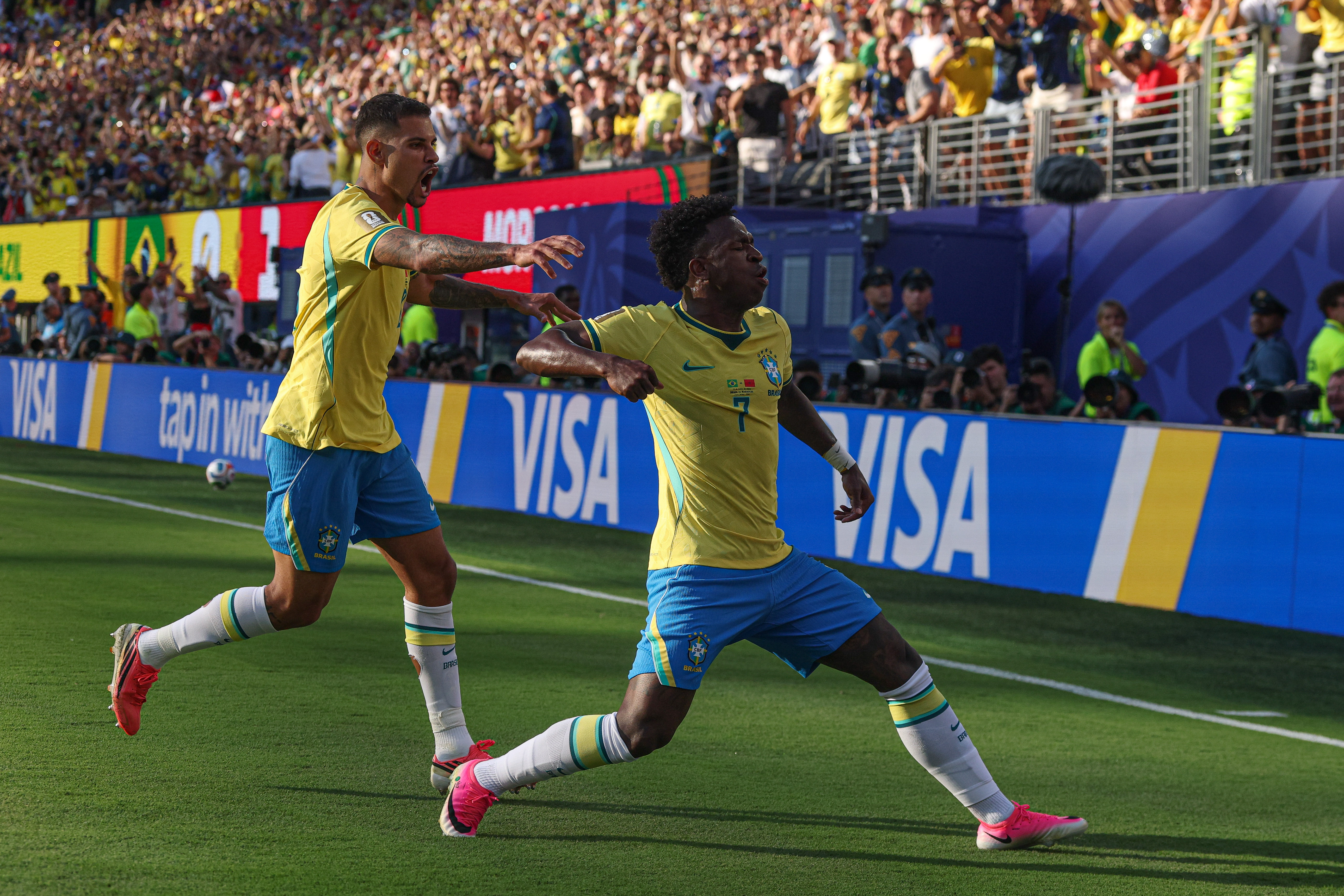Brazil forward Vinicius Junior celebrates scoring as we make our best Brazil vs. Haiti prediction