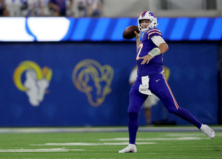Josh Allen of the Buffalo Bills makes a pass for a touchdown against the Los Angeles Rams during the 2022 NFL season-opening game at SoFi Stadium.