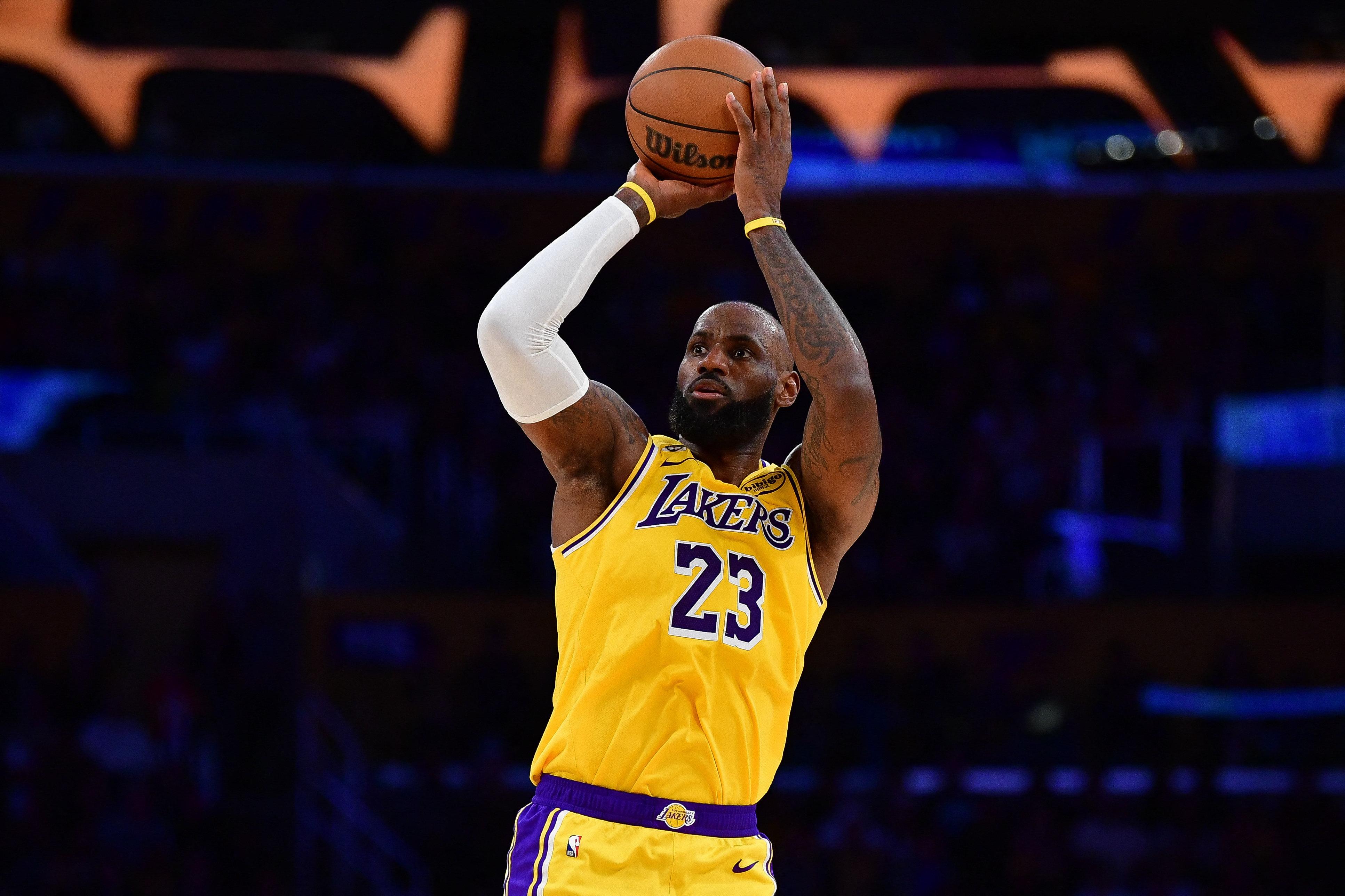 Los Angeles Lakers forward LeBron James (23), seen here shooting, is featured in our Thunder vs. Lakers player props.