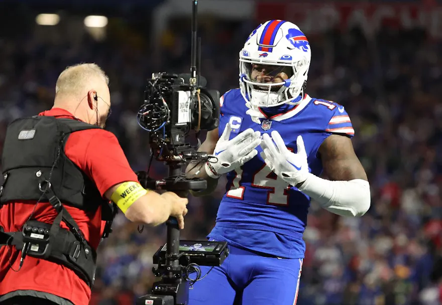 Stefon Diggs of the Buffalo Bills celebrates after scoring a touchdown during the second quarter against the Green Bay Packers at Highmark Stadium on October 30, 2022 in Orchard Park, New York.