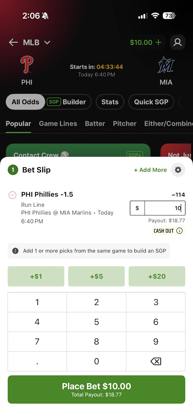 DraftKings Sportsbook app showing a betslip with a $10 bet placed on Philadelphia Phillies -1.5 run line.