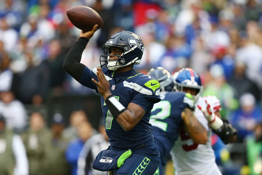 Geno Smith of the Seattle Seahawks passes against the New York Giants at Lumen Field on Oct. 30, 2022 in Seattle, Washington. 
