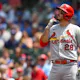 Nolan Arenado #28 of the St. Louis Cardinals reacts as we look at our DraftKings promo code for Cubs vs. Cardinals