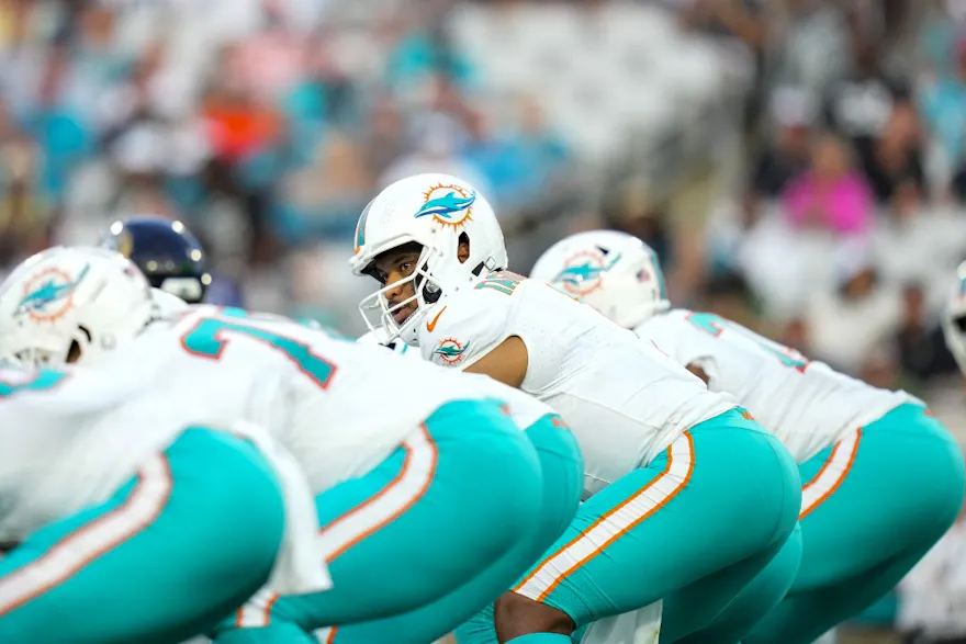 Tua Tagovailoa #1 of the Miami Dolphins looks down the line of scrimmage as we get into the impact of BetVision bringing live streaming to Caesars, Fanatics.