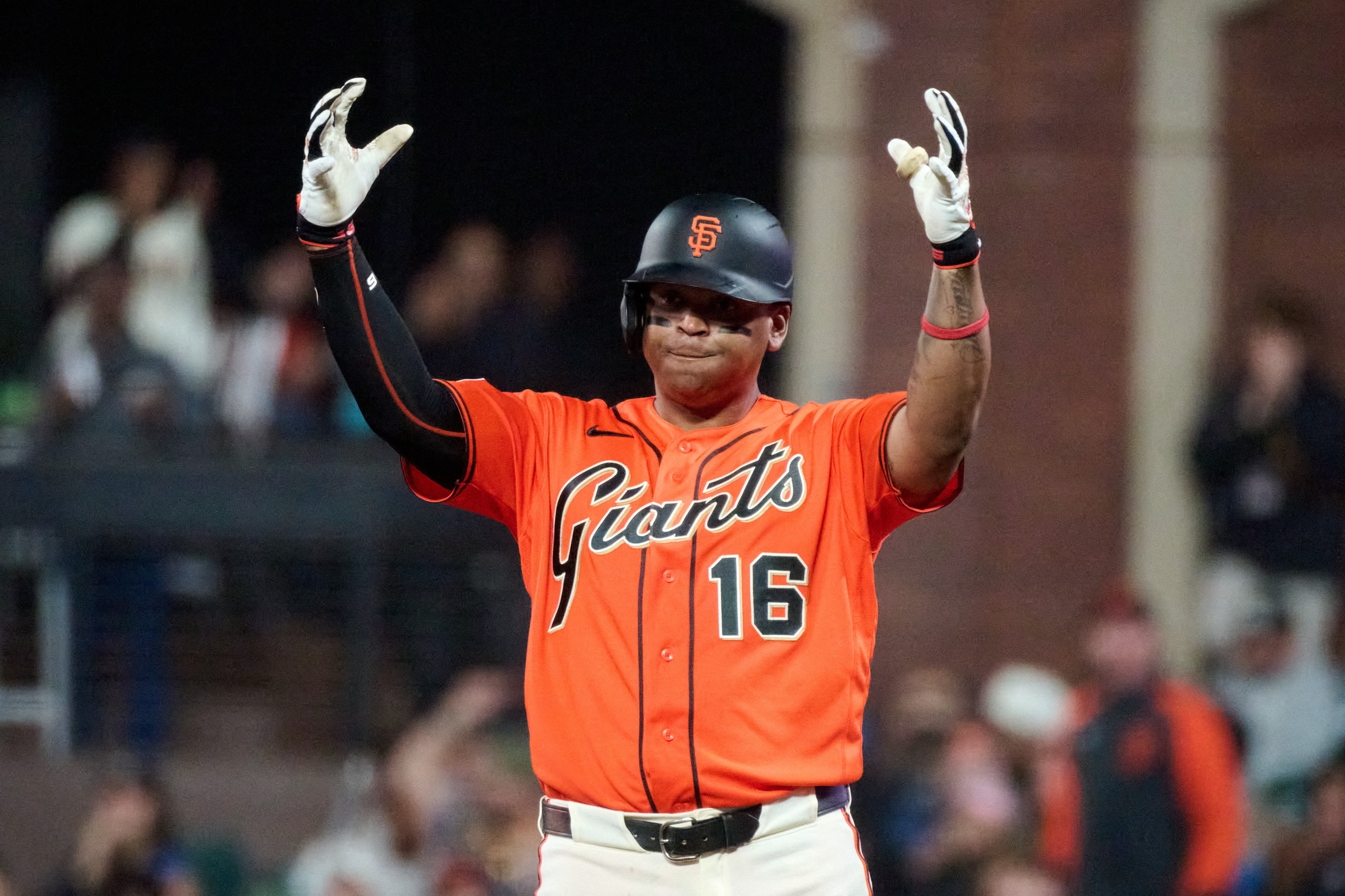 San Francisco Giants infielder Rafael Devers - who's featured in my home run predictions - acknowledges the dugout.