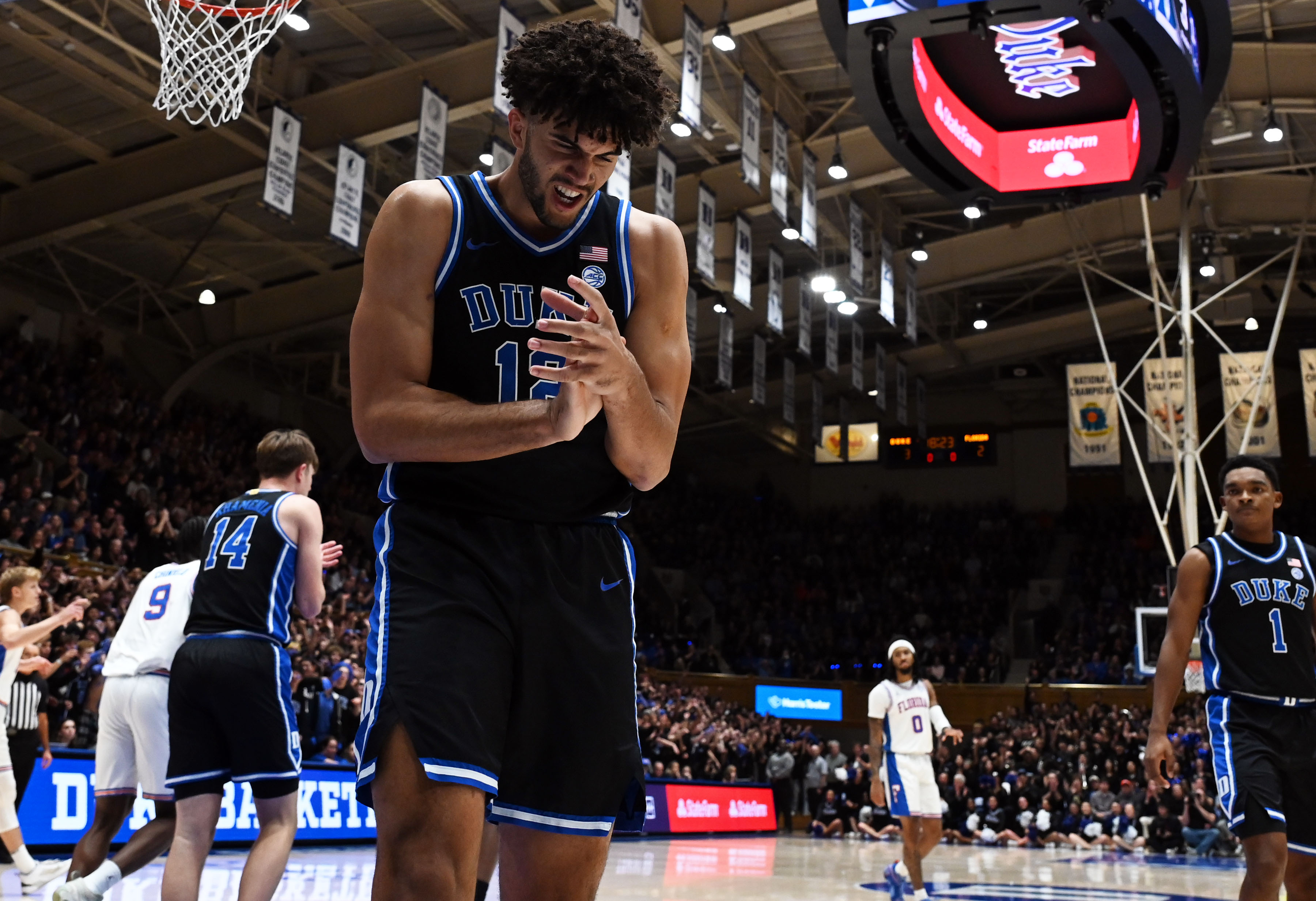 Duke Blue Devils forward Cameron Boozer reacts as we make our best Duke vs. Texas Tech prediction.