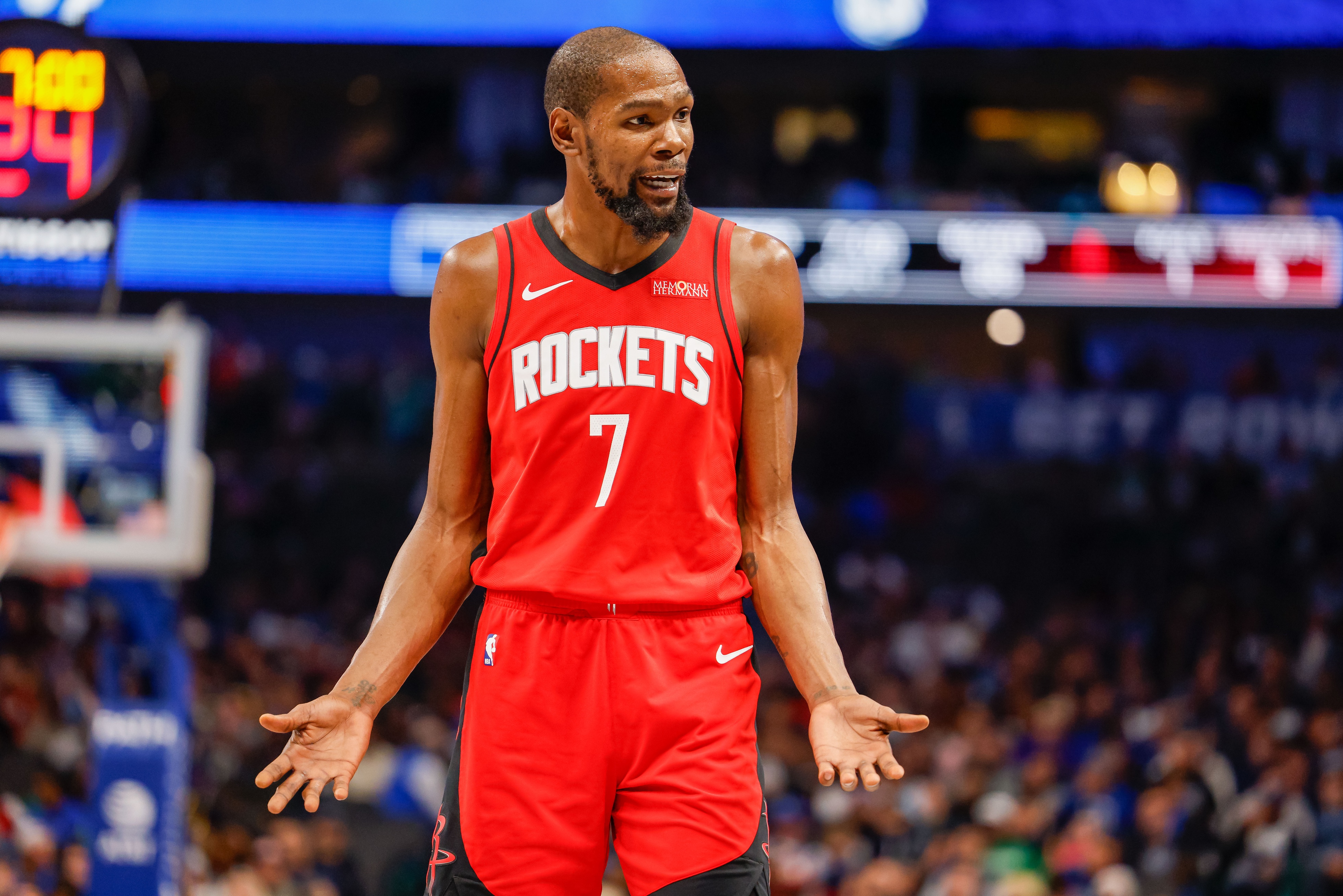 Houston Rockets forward Kevin Durant (7), seen here reacting after a no-call, leads my Rockets vs. Nuggets player props.