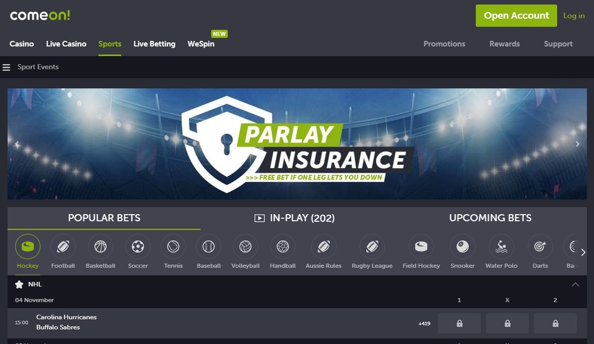 Come on Sportsbook Homepage