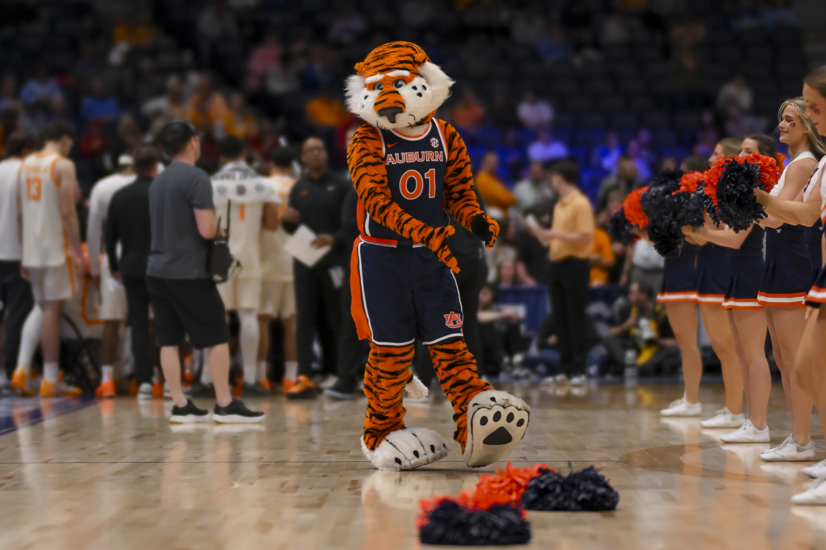 Auburn Tigers Aubie the tiger during the time out as we look at our free printable NIT bracket PDF