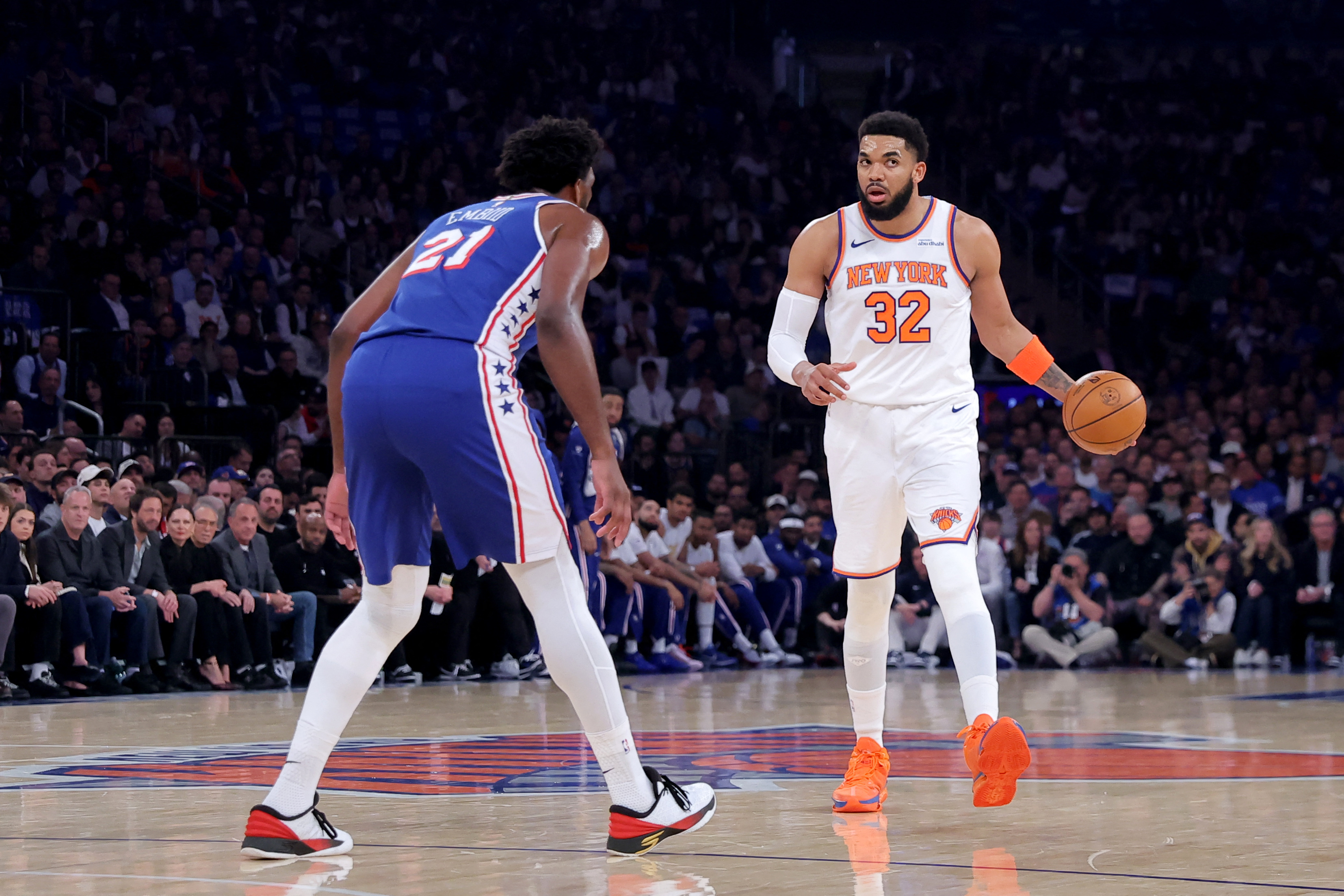 New York Knicks center Karl-Anthony Towns (32) controls the ball against Philadelphia 76ers center Joel Embiid (21) as we provide our Knicks vs. 76ers player props today for Game 4.