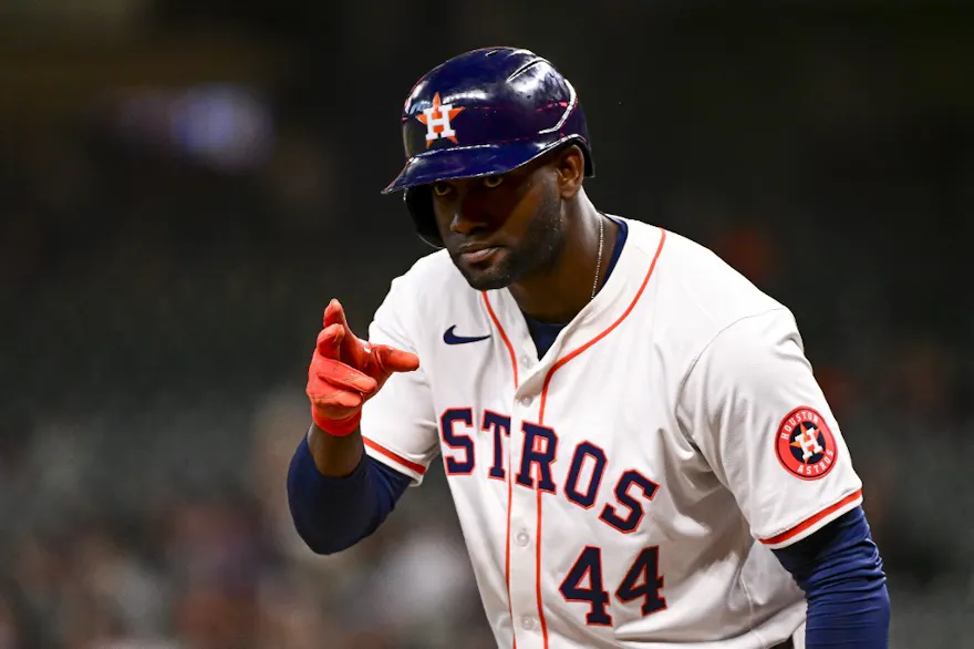 Yordan Alvarez of the Houston Astros gestures to the Toronto Blue Jays' dugout in the first inning, and we're offering our top MLB player props and expert picks based on the best MLB odds.